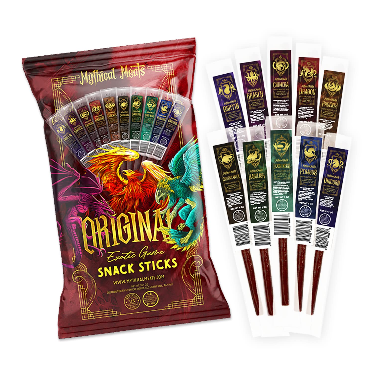 Mythical Meats Original Exotic Flavor Sampler Pack - 10 Exotic Game and Beef Snack Sticks - Dried & Dehydrated Meats Seasoned to Perfection - High