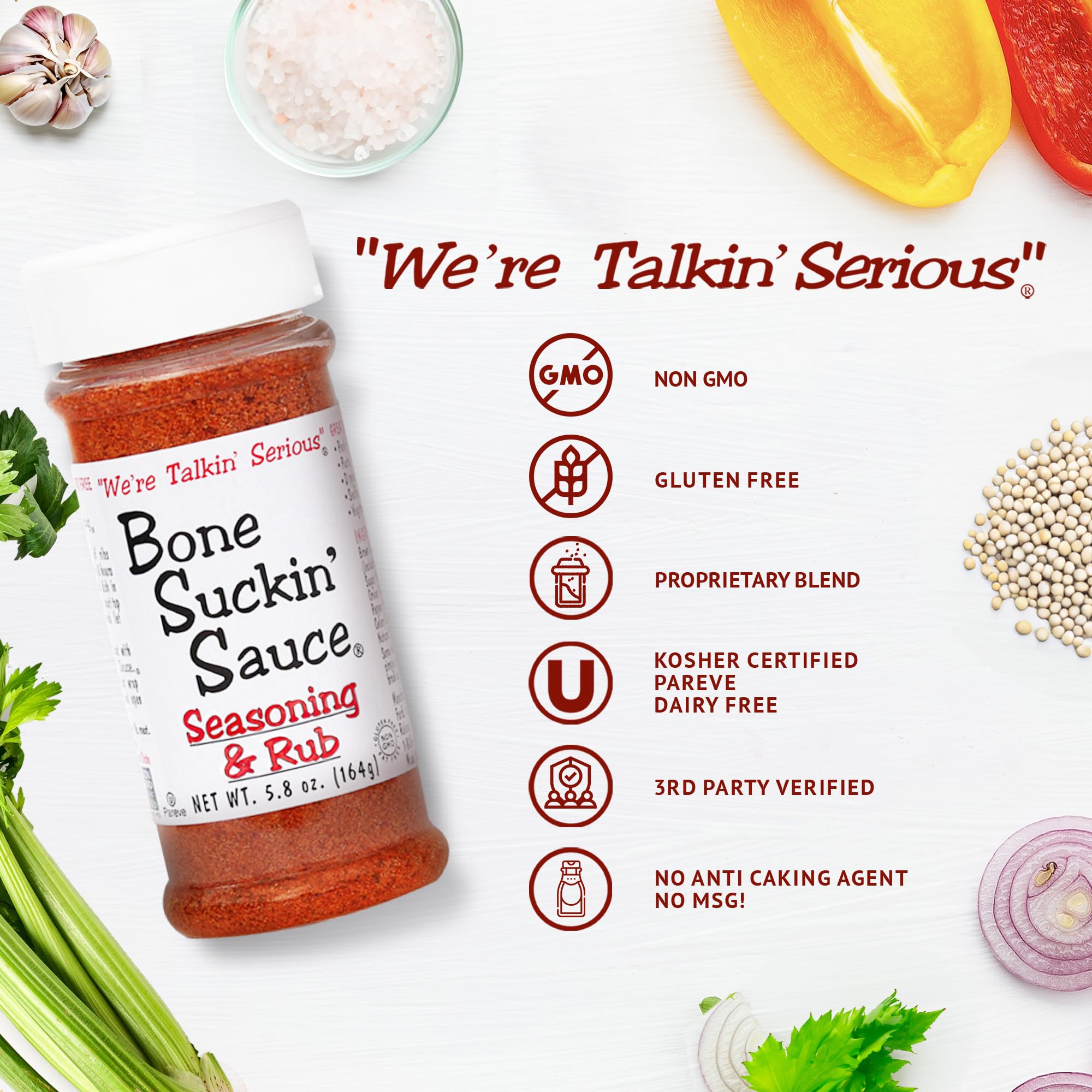 Bone Suckin' Seasoning & Rub, Original Blend, 5.8 Oz, Grilling Rubs, Dry Pork Rub, Gluten-Free, Non-GMO, Kosher, Great on Ribs, Pork, Beef, Chicken