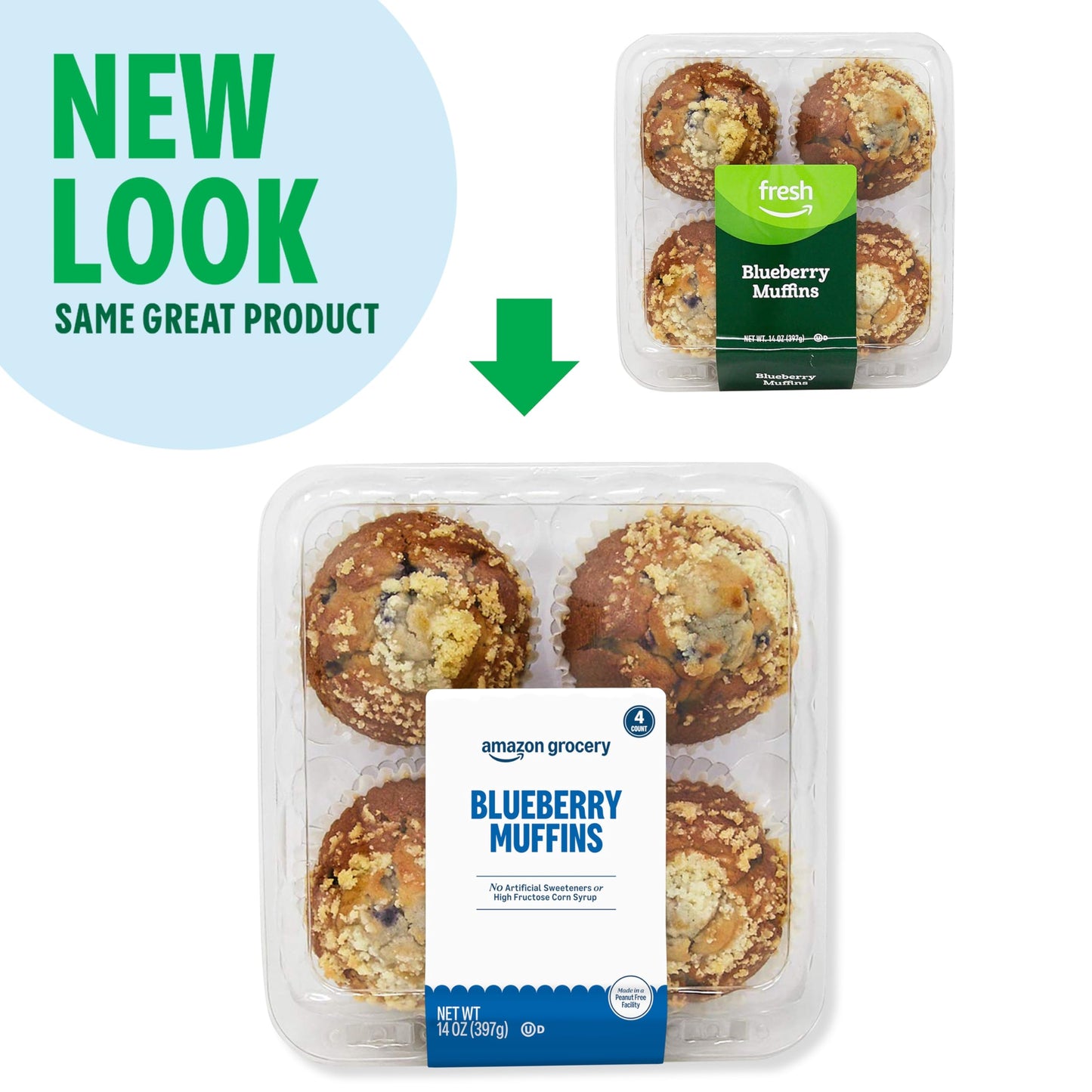 Amazon Grocery, Blueberry Muffins, 14 Oz, 4 Ct, Frozen