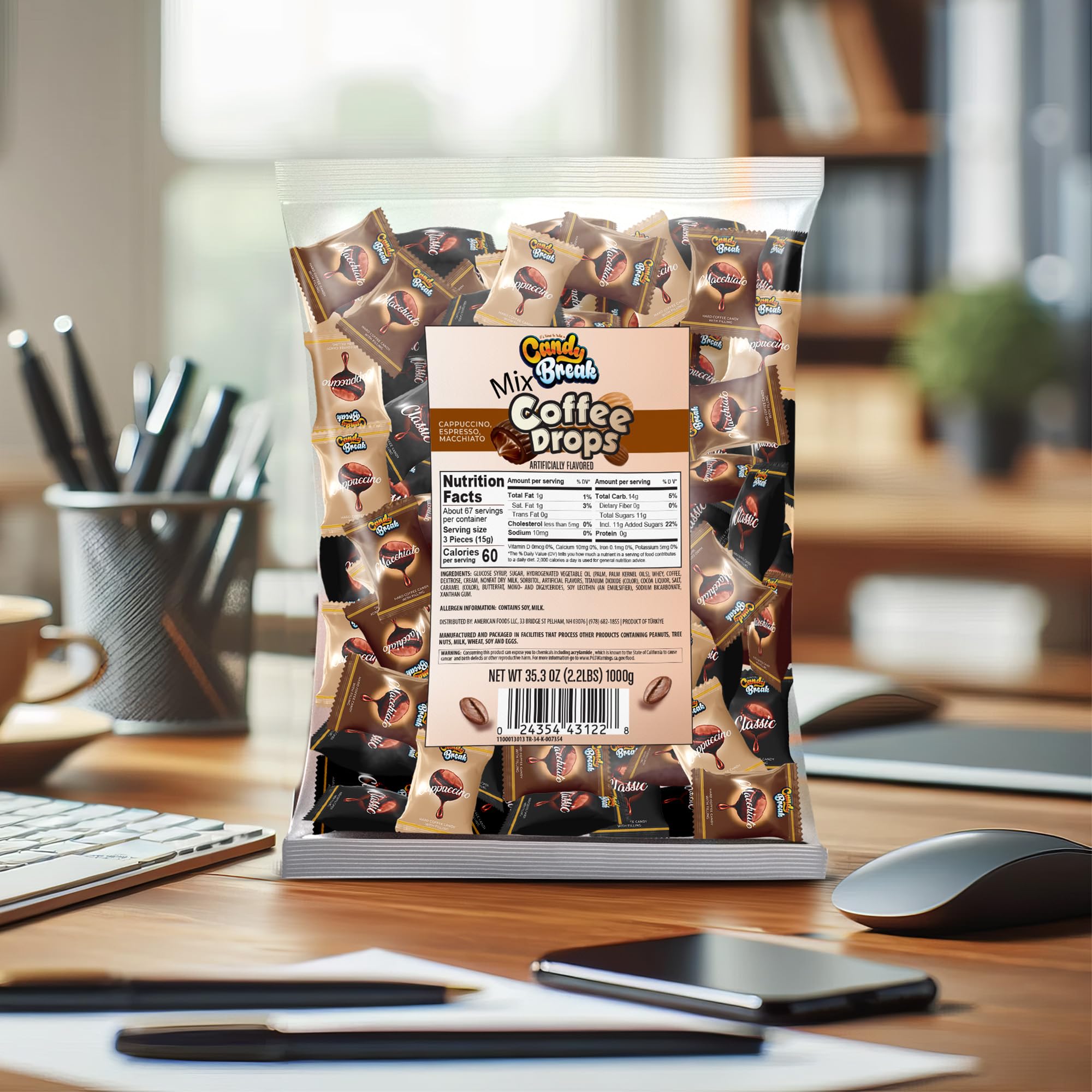 Candy Break Coffee Drops, Center-Filled Hard Candy | Espresso, Macchiato & Cappuccino Flavors | Individually Wrapped Caffeinated Candy | 2.2 lb Bulk