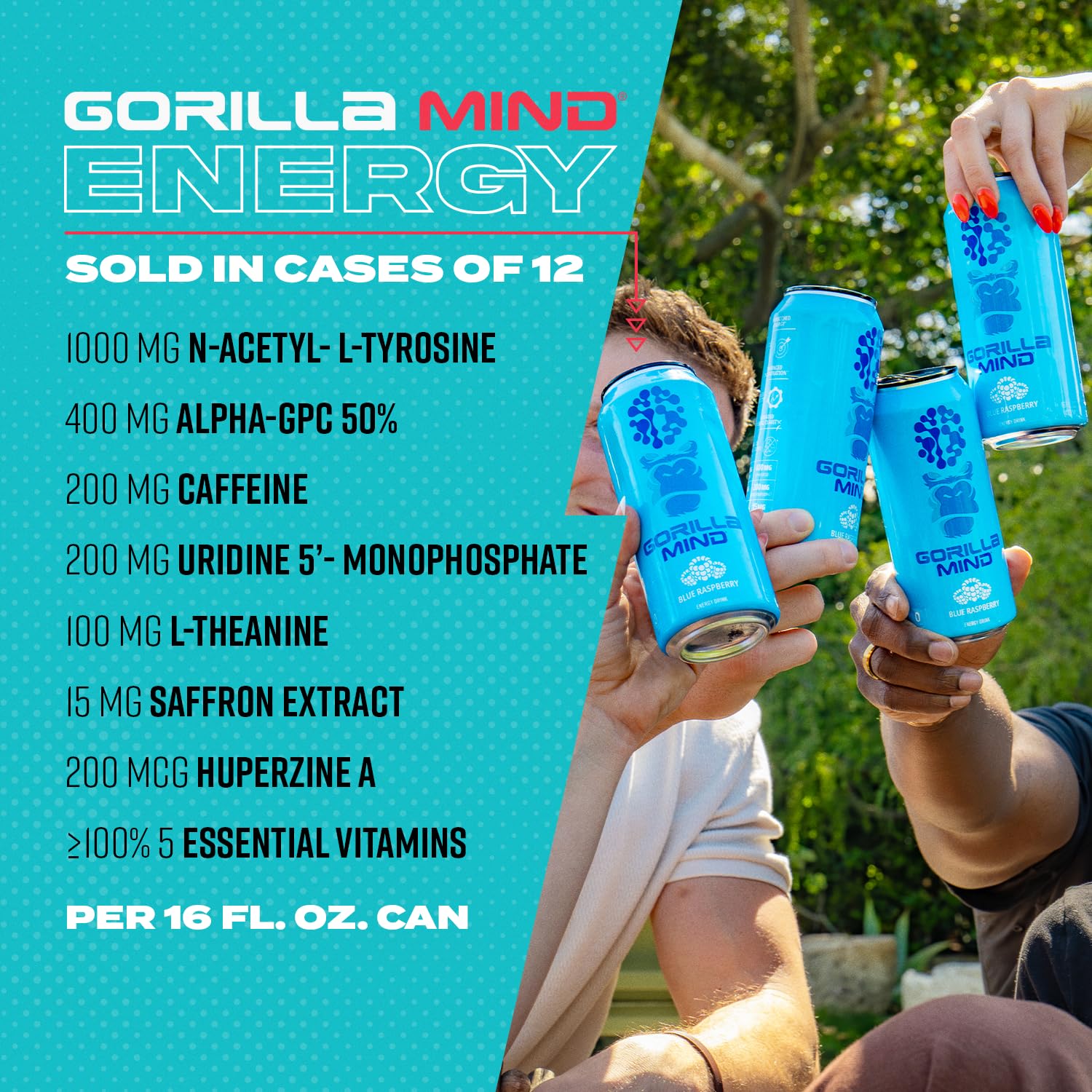 Gorilla Mind Energy Drink | Unmatched Energy · Amplified Focus | N-Acetyl-L-Tyrosine, Alpha-GPC, 200mg Caffeine, Uridine, Saffron | 0 Sugar Or