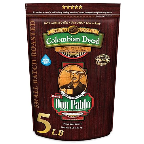 Don Pablo Colombian Decaf - Swiss Water Process Decaffeinated - Medium-Dark Roast Gourmet Coffee - 100% Arabica Whole Bean, Non-GMO, Low Acidity, 5