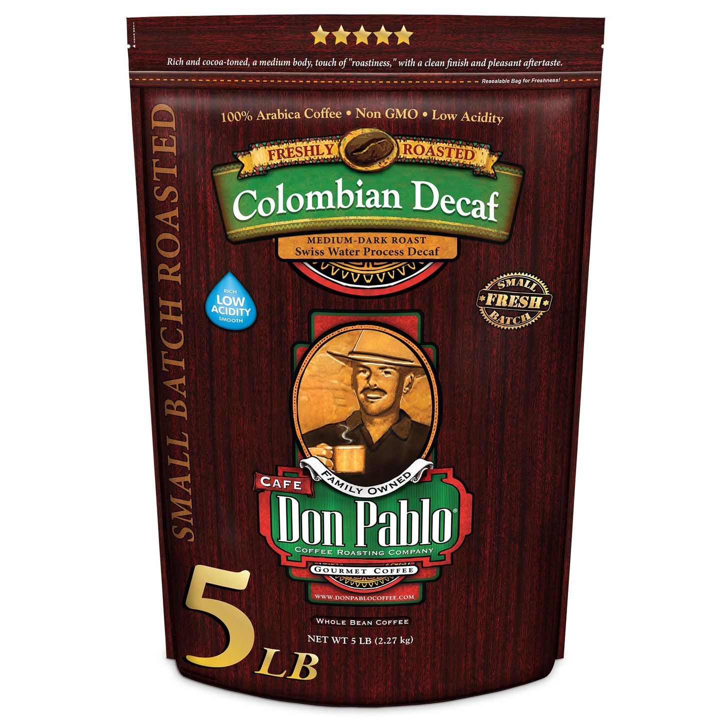 Don Pablo Colombian Decaf - Swiss Water Process Decaffeinated - Medium-Dark Roast Gourmet Coffee - 100% Arabica Whole Bean, Non-GMO, Low Acidity, 5