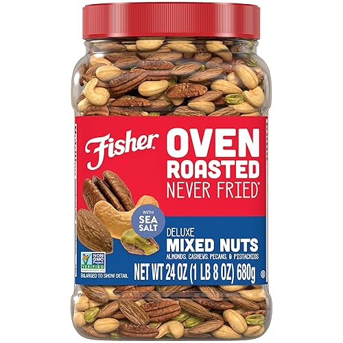 Fisher Oven Roasted Never Fried Deluxe Mixed Nuts, 24 Ounces (Pack of 1), Almonds, Cashews, Pecans, Pistachios, Healthy Snacks for Adults, Made