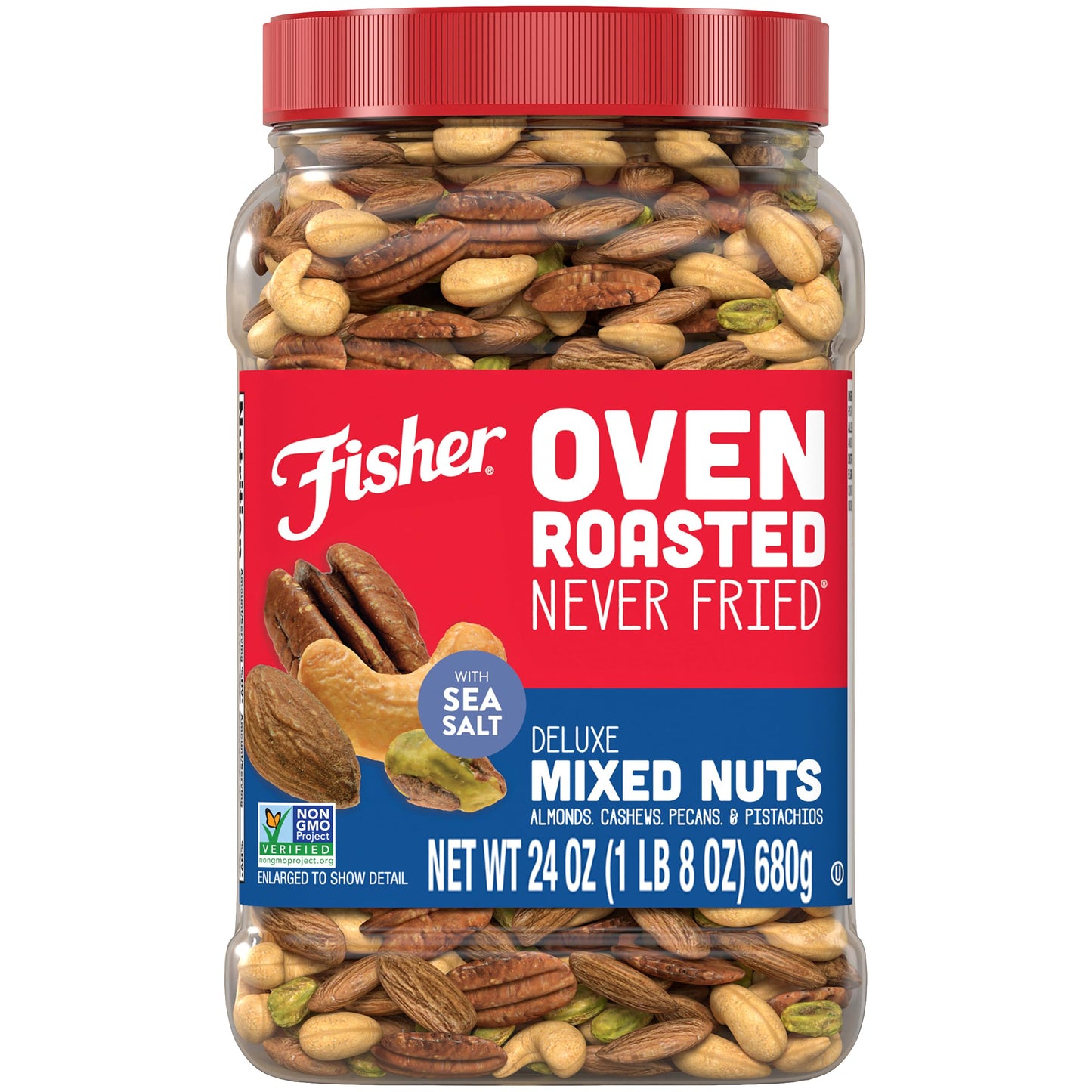 Fisher Oven Roasted Never Fried Deluxe Mixed Nuts, 24 Ounces (Pack of 1), Almonds, Cashews, Pecans, Pistachios, Healthy Snacks for Adults, Made