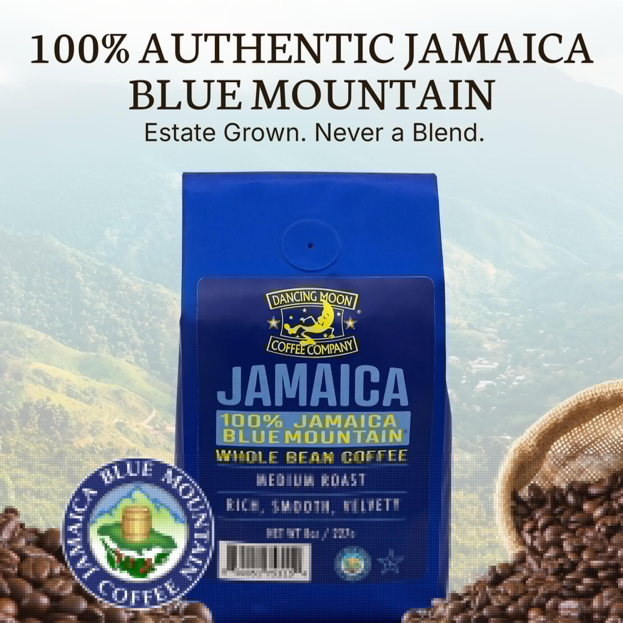 Dancing Moon 100% Pure Jamaica Blue Mountain® WHOLE BEAN Coffee - 8 oz Medium Roast