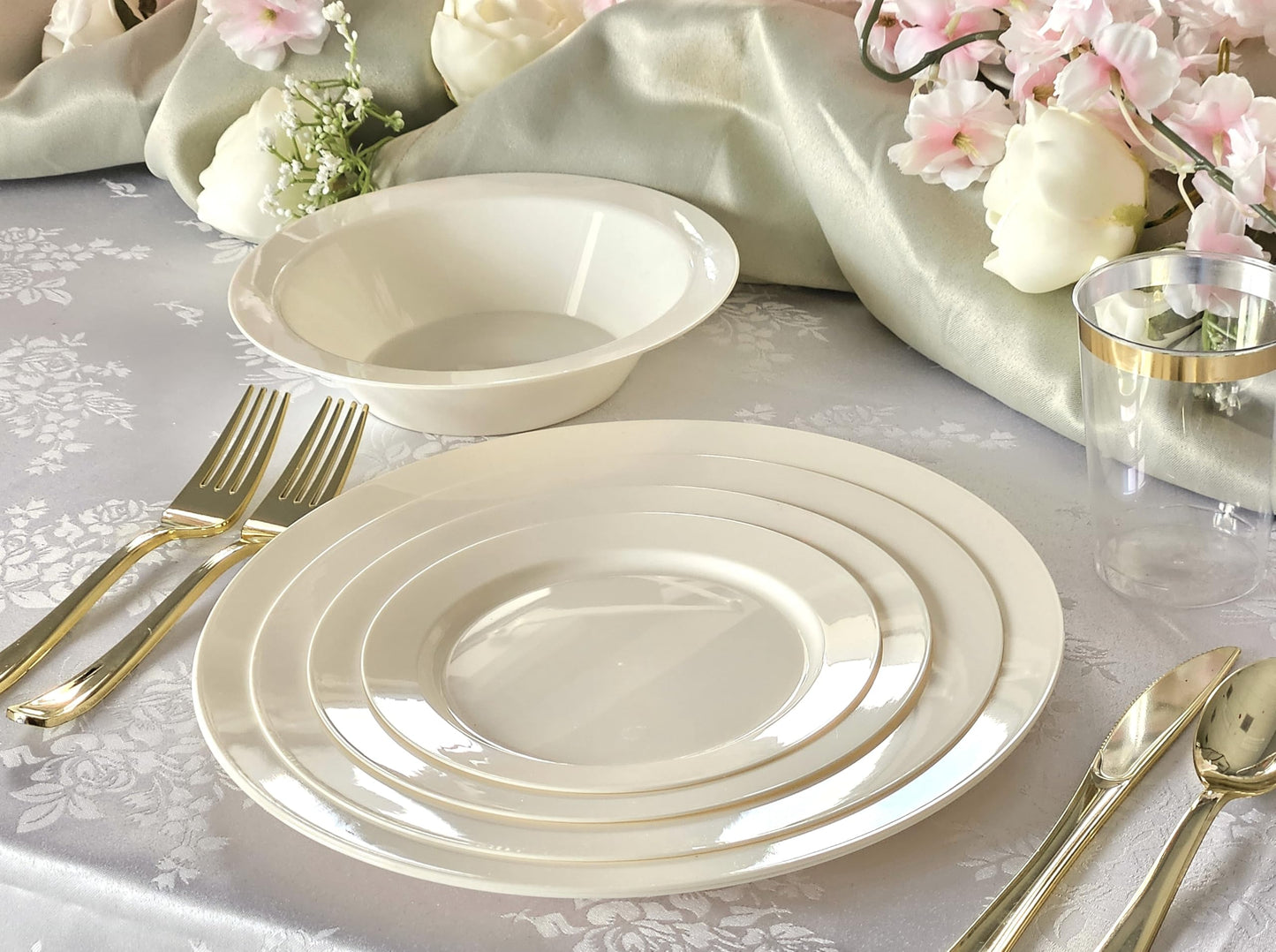 " OCCASIONS " 60 Piece Plates Pack, Heavyweight Disposable Wedding Party Plastic Bowls (14oz Soup Bowl, Plain Ivory)