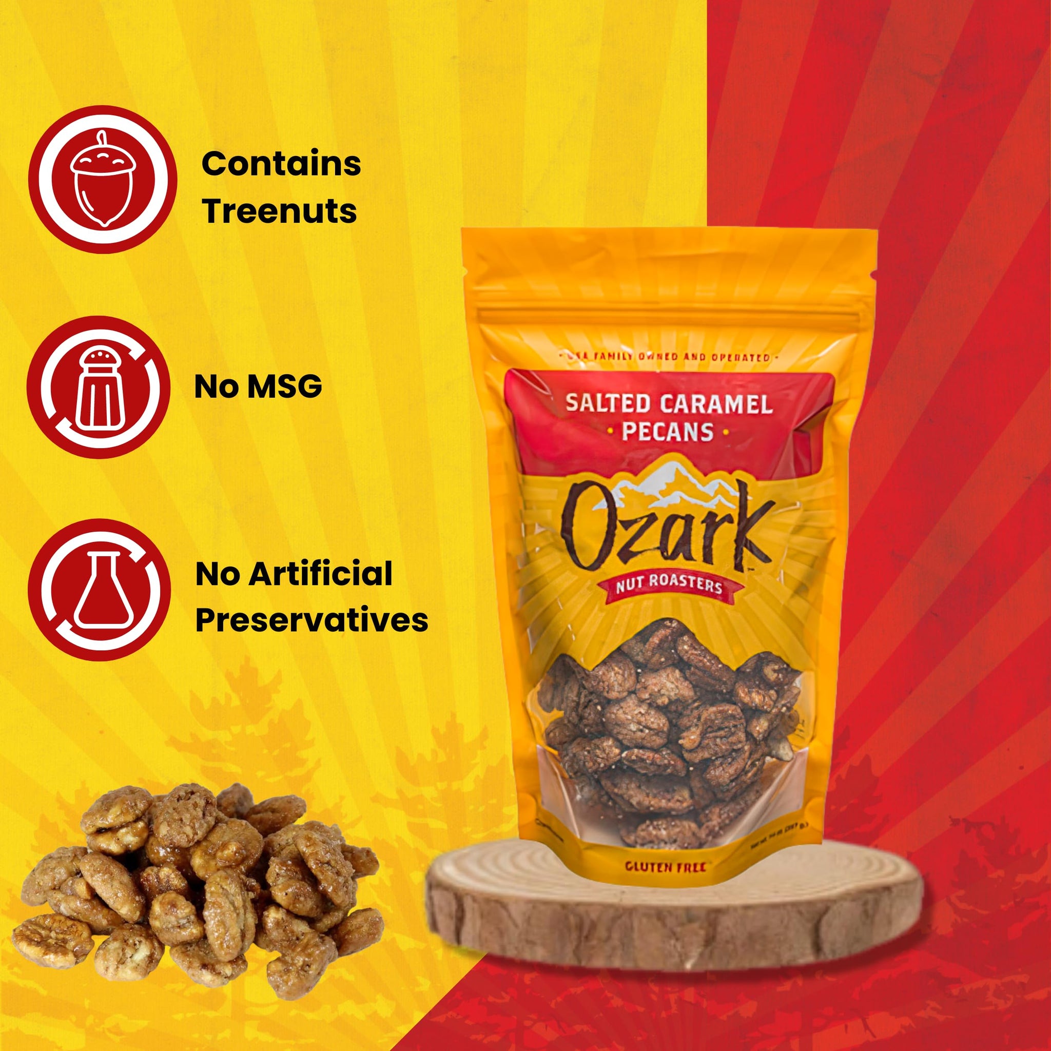 OZARK NUT ROASTERS, Salted Caramel Pecans, Sweet & Salty Flavored Snacks, World-Class Gourmet Candied Nuts, Resealable Pack of 1 (14 Ounces)