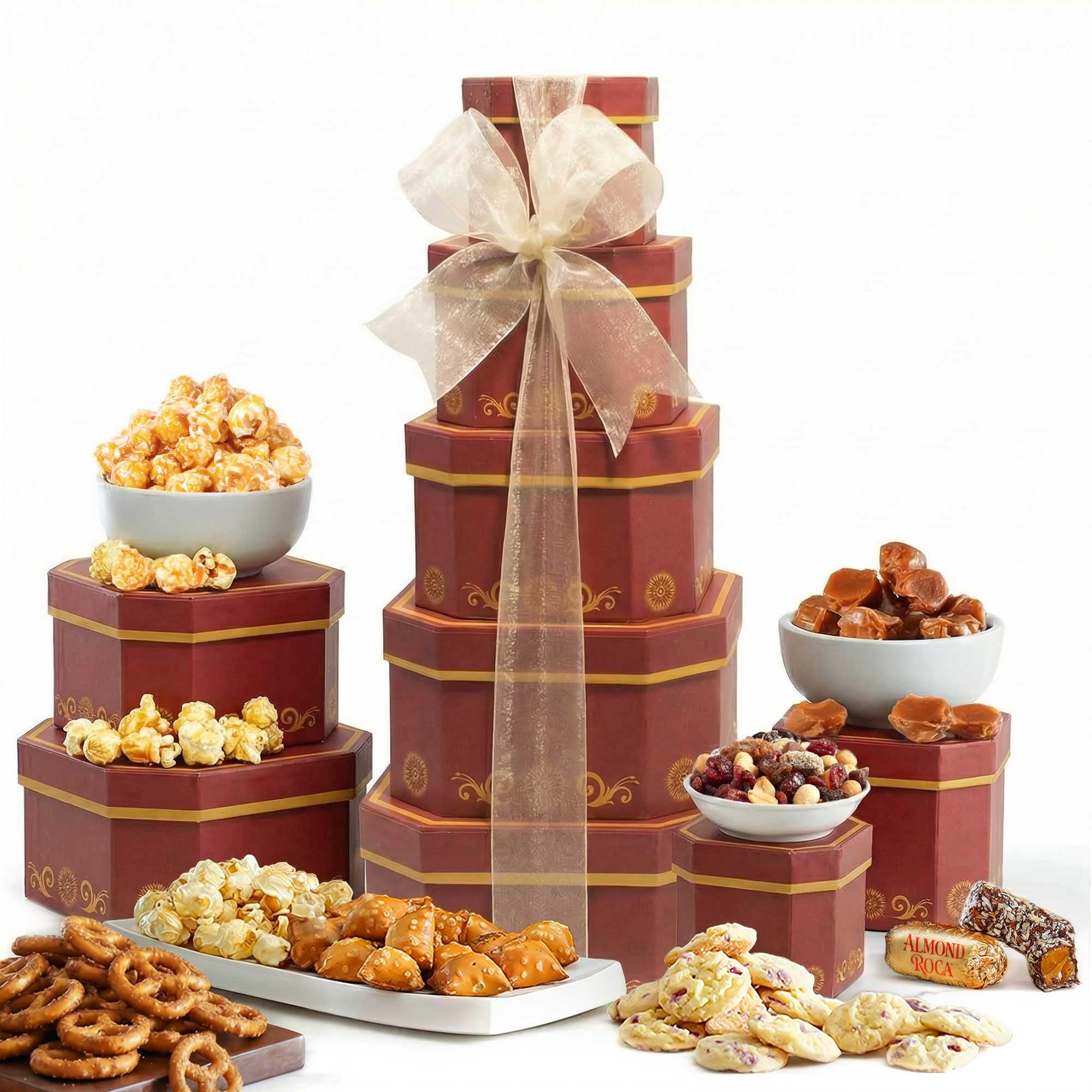 Broadway Basketeers Thank You Corporate Gift Box Tower - Premium Snack Tower with Cookies, Sweets and Savory - Corporate Gifts for Clients, Employees