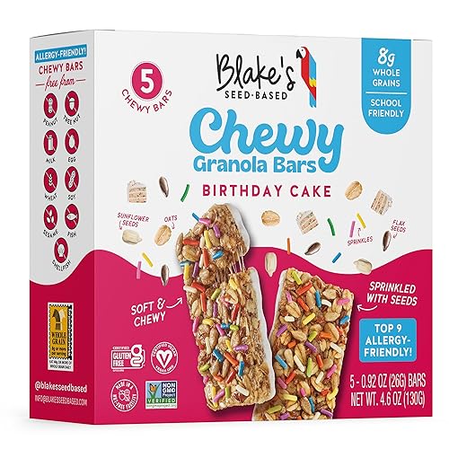 Blake’s Seed Based Chewy Granola Bars - Birthday Cake (5 Count), Vegan, Gluten Free, Nut Free & Dairy Free, Healthy Snacks for Kids or Adults, School