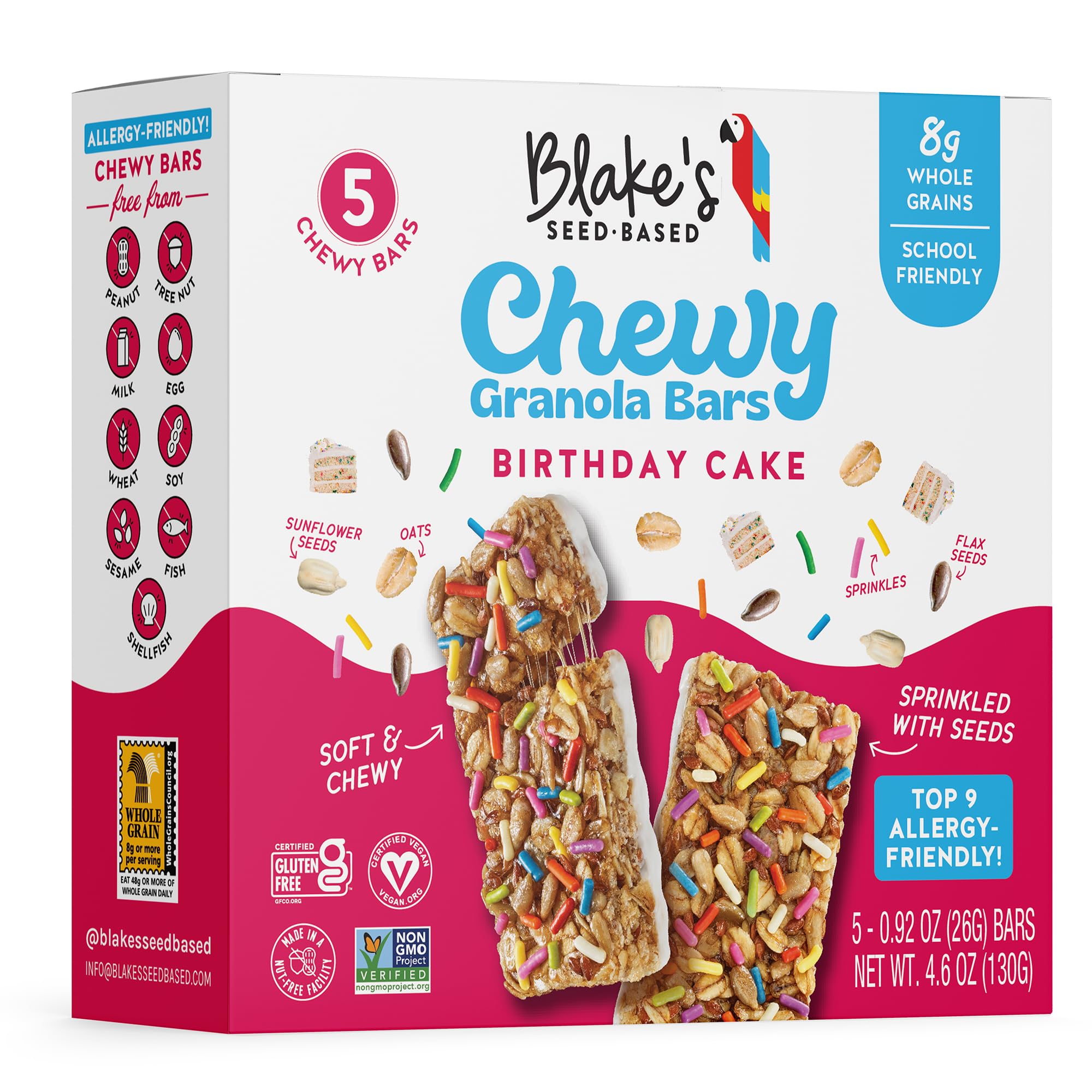 Blake’s Seed Based Chewy Granola Bars - Birthday Cake (5 Count), Vegan, Gluten Free, Nut Free & Dairy Free, Healthy Snacks for Kids or Adults, School