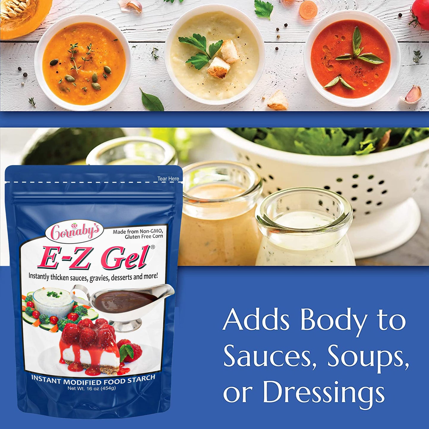 Cornaby's E-Z Instant Food Thickener Gel Gluten Free Soup and Sauce Thickening Granules 16 Oz Non Gmo All Natural Starch for Gravies Desserts Salad