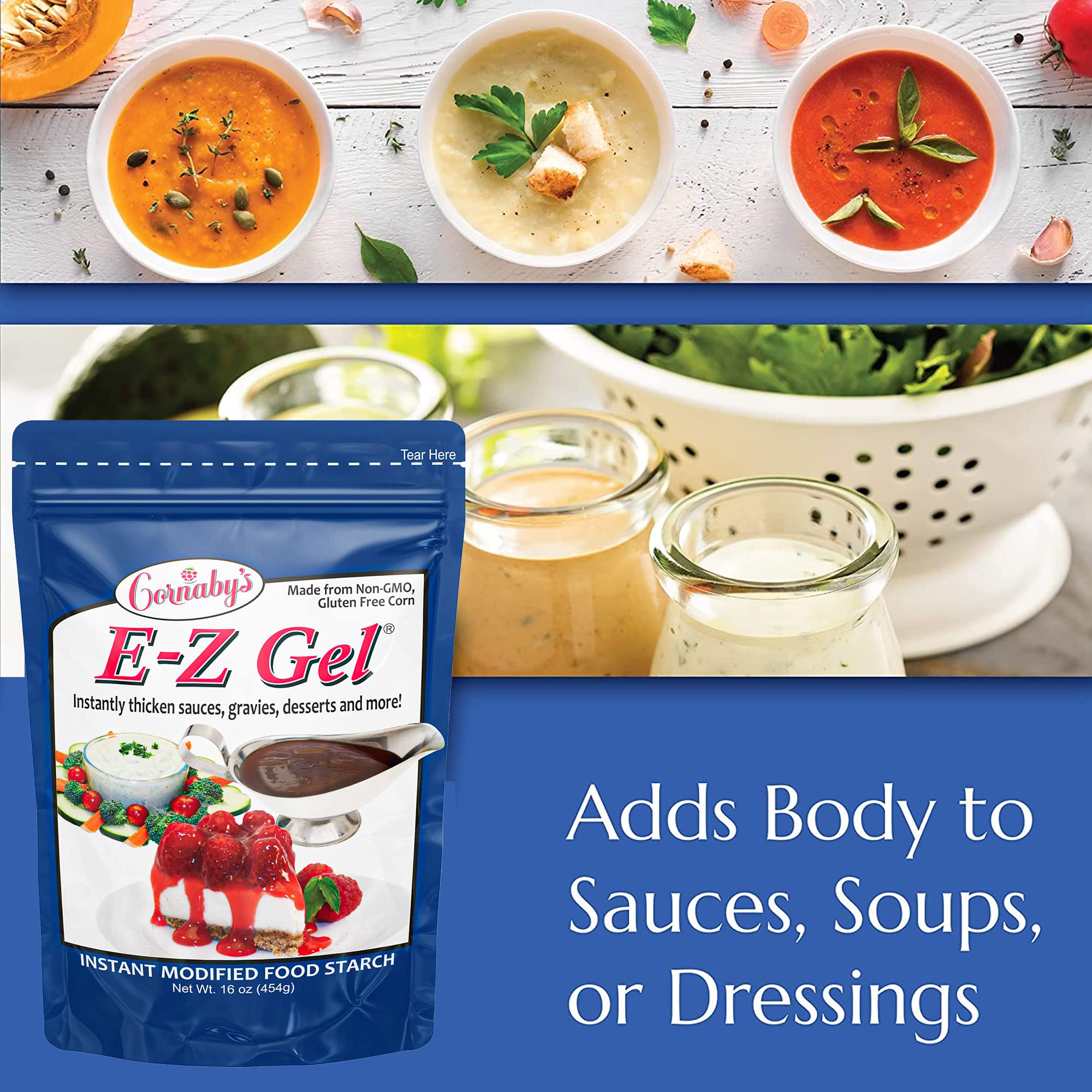 Cornaby's E-Z Instant Food Thickener Gel Gluten Free Soup and Sauce Thickening Granules 16 Oz Non Gmo All Natural Starch for Gravies Desserts Salad