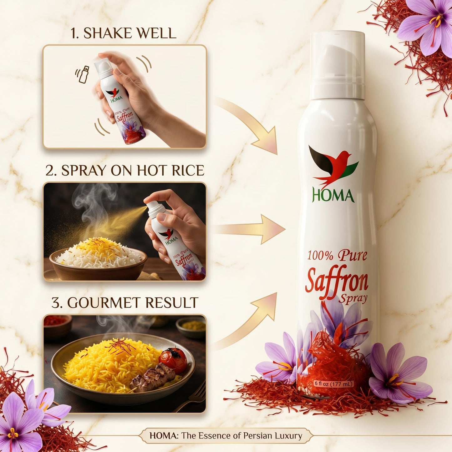 HOMA 100% Pure Saffron Spray, Premium Liquid Extract for Cooking and Baking, Natural Culinary Food Spray, 6 fl oz per Bottle, 2-Pack