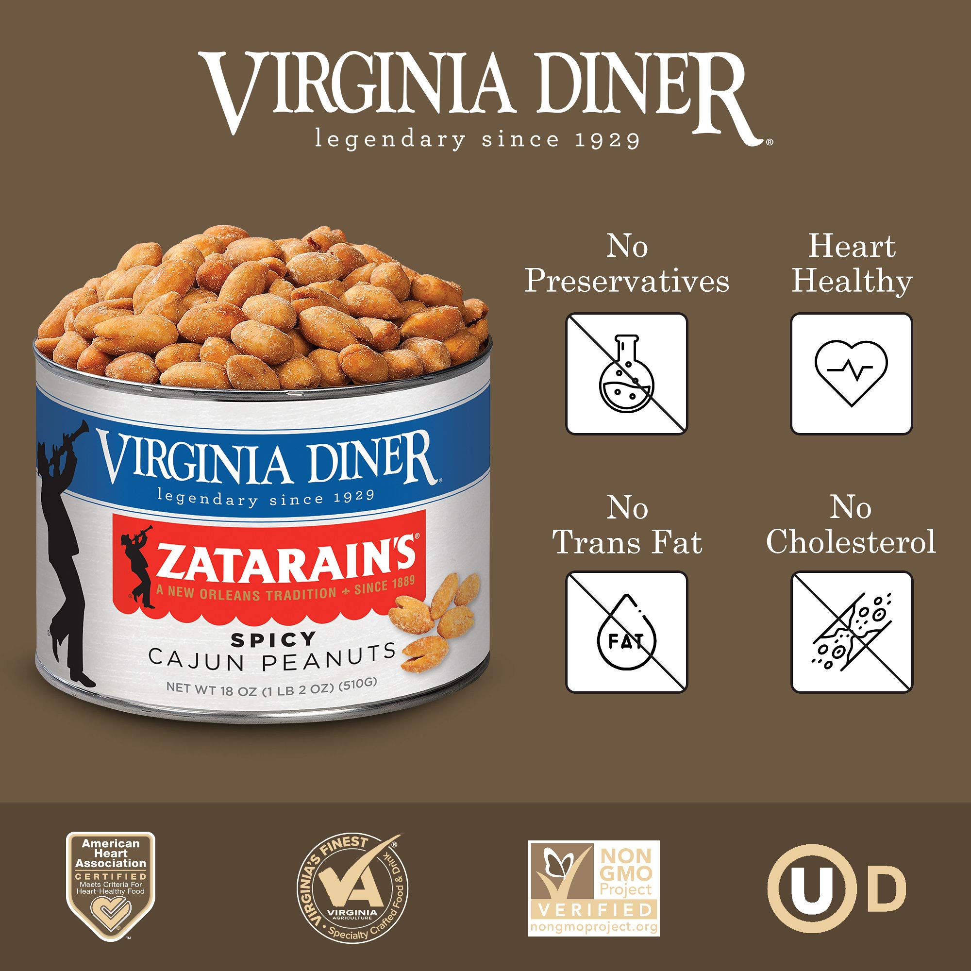 Virginia Diner Zatarain's Spicy Cajun Peanuts - Gourmet Cajun Peanuts Non-GMO, Preservative Free Gifts from Virginia Since 1929-18 Oz Can
