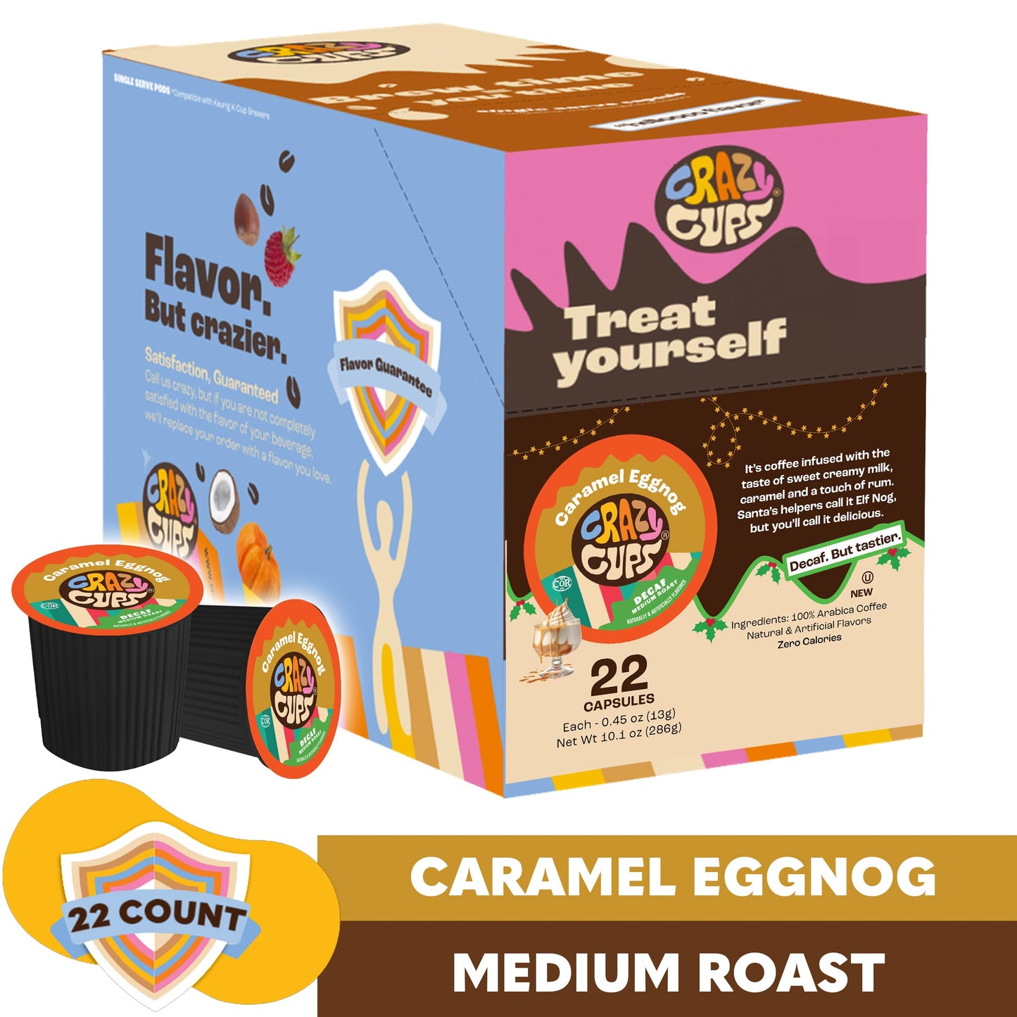 Crazy Cups Decaf Flavored Coffee Pods, Decaf Eggnog Holiday Coffee Pods, Single Serve for Keurig K Cups Machines, Medium Roast, 22 Count