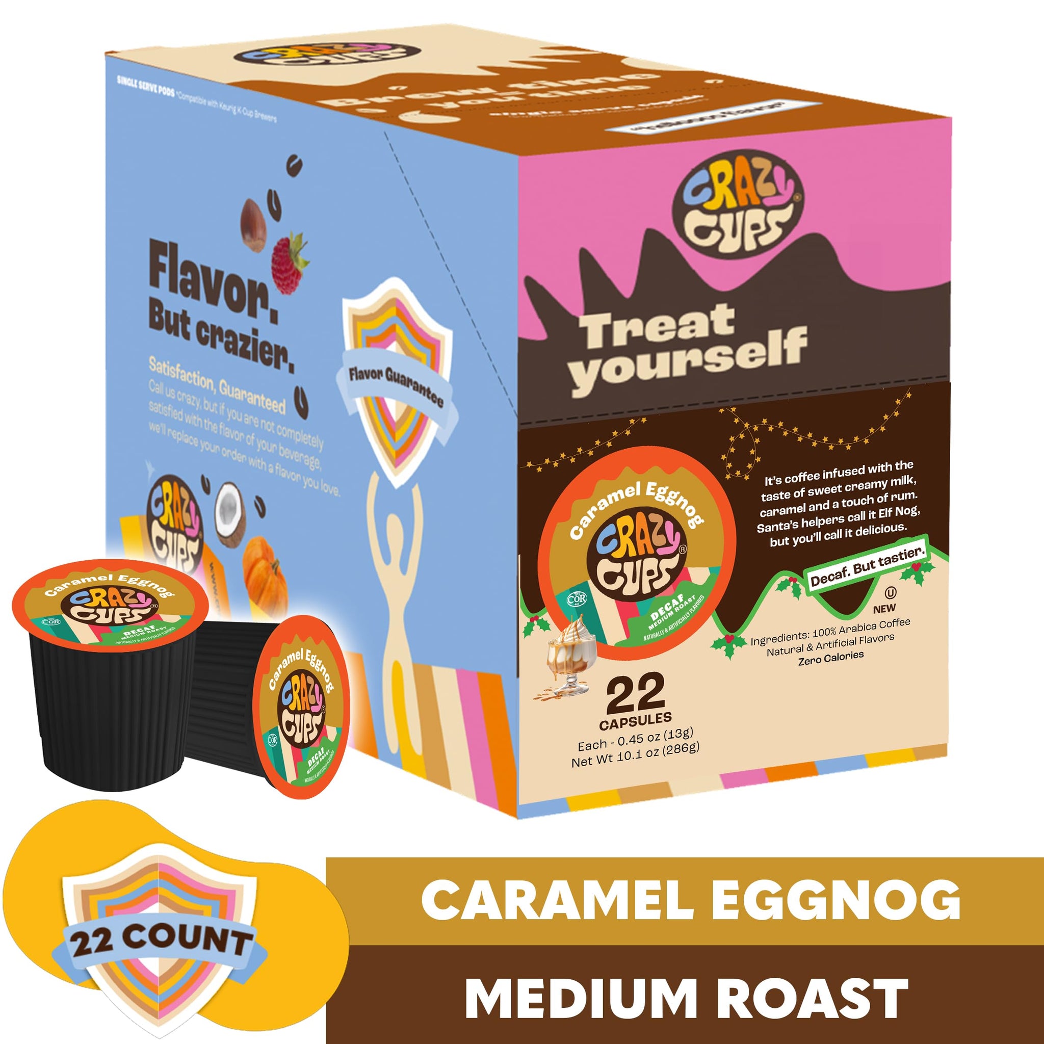Crazy Cups Decaf Flavored Coffee Pods, Decaf Eggnog Holiday Coffee Pods, Single Serve for Keurig K Cups Machines, Medium Roast, 22 Count