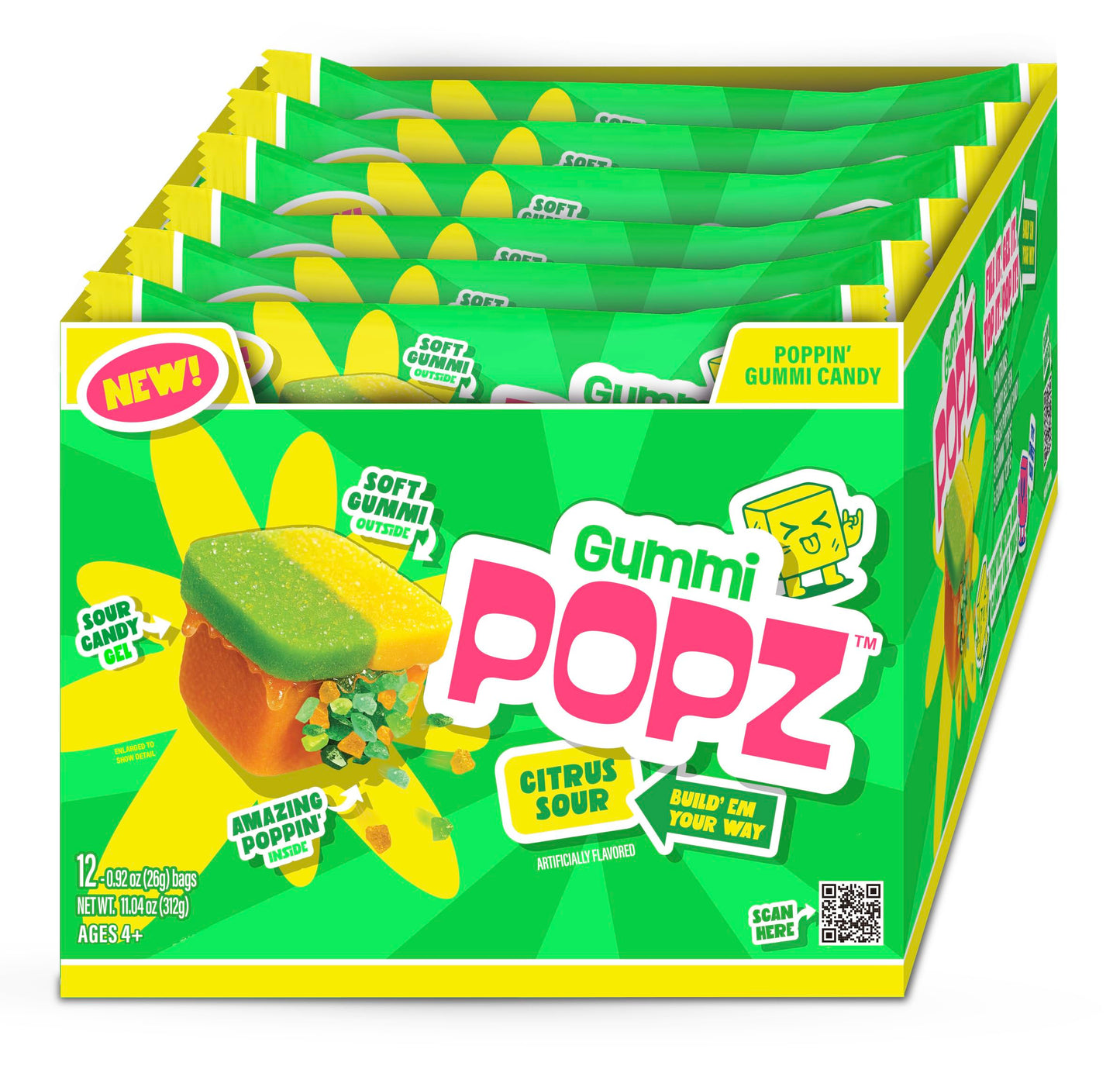 Gummi Popz Popping Gummy Candy, Citrus Sour - Individually Wrapped, 12 Pack (1.8 oz Each) - Party Candy & Party Favors for Birthdays, Holidays