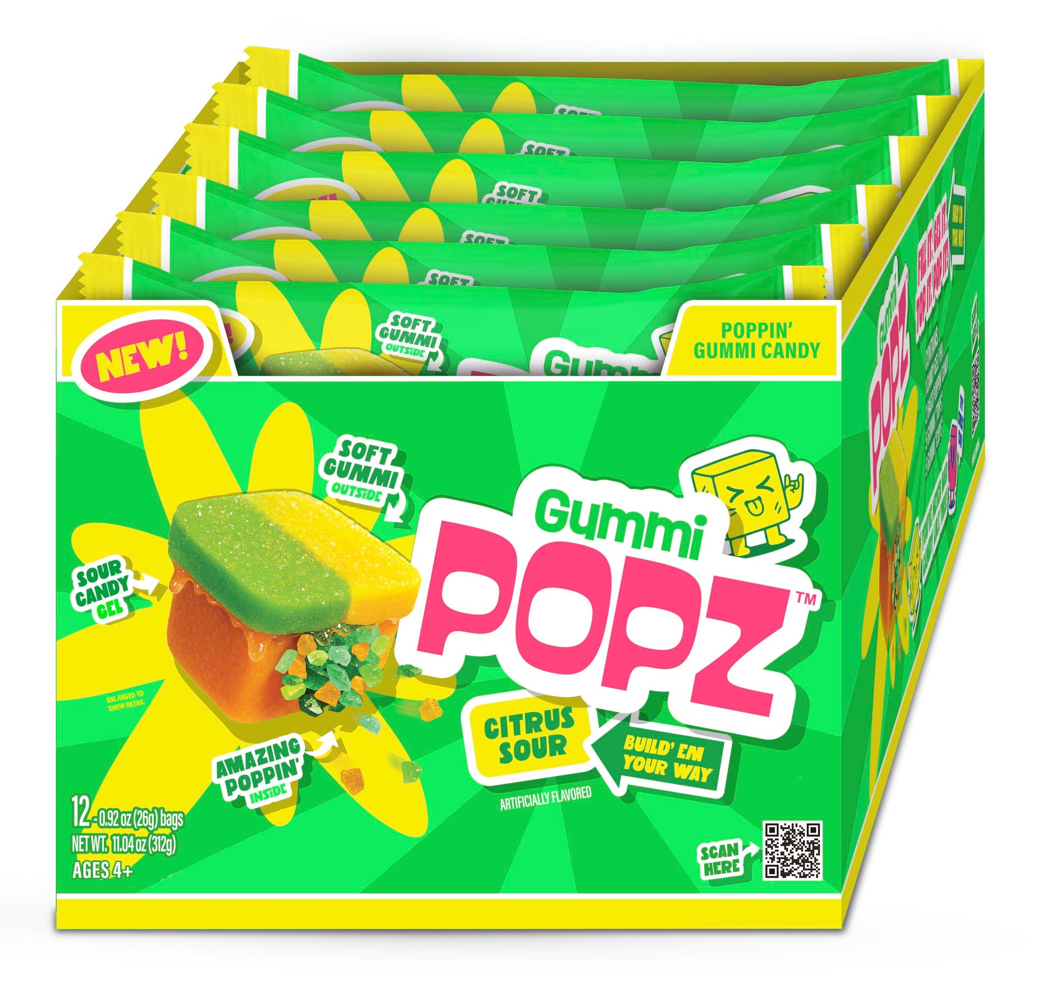 Gummi Popz Popping Gummy Candy, Citrus Sour - Individually Wrapped, 12 Pack (1.8 oz Each) - Party Candy & Party Favors for Birthdays, Holidays