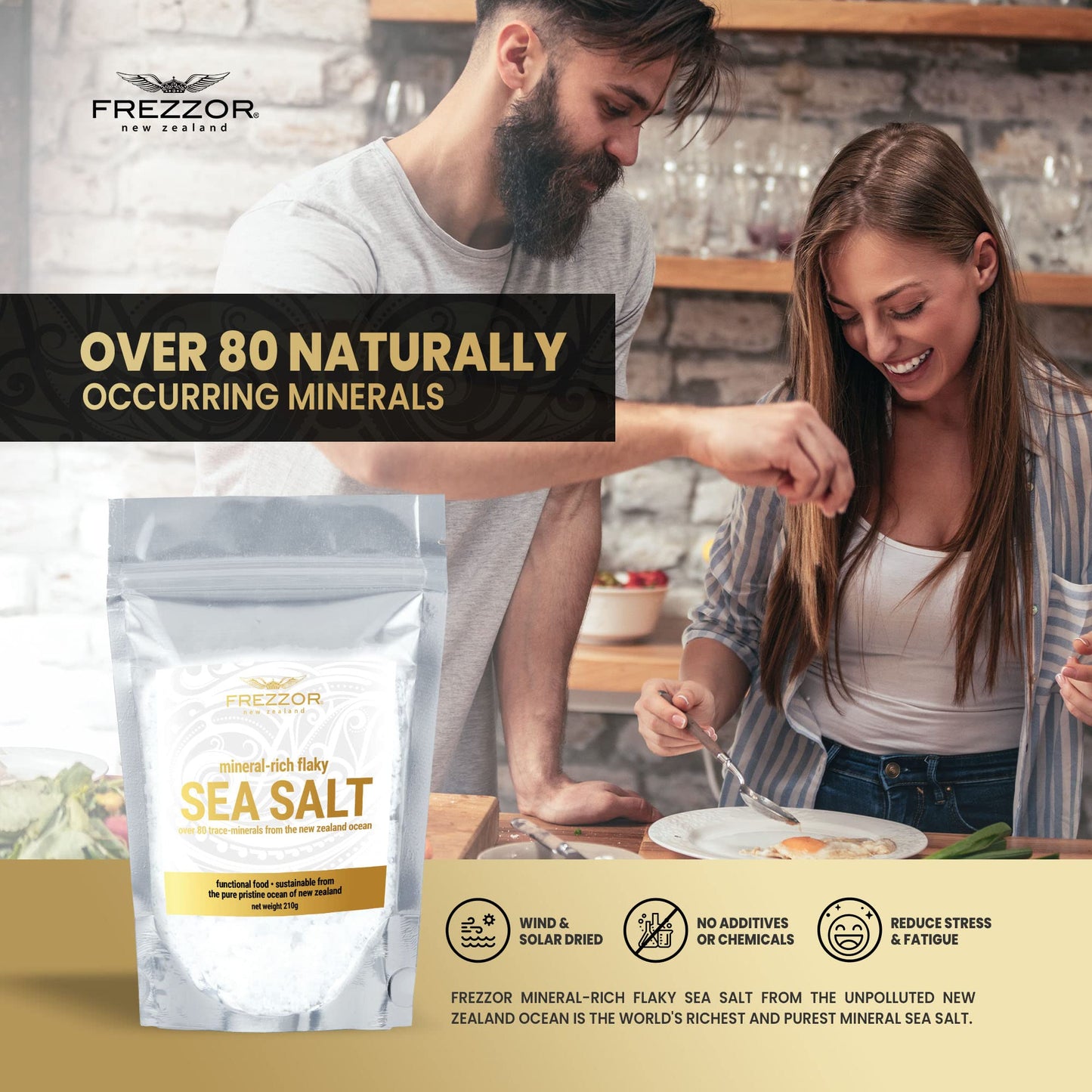 FREZZOR Flaky Sea Salt, 8.8 ounces of Premium Gourmet Sea Salt Flakes from New Zealand, 80 Minerals & Trace Elements, 100% All-Natural, Solar & Wind