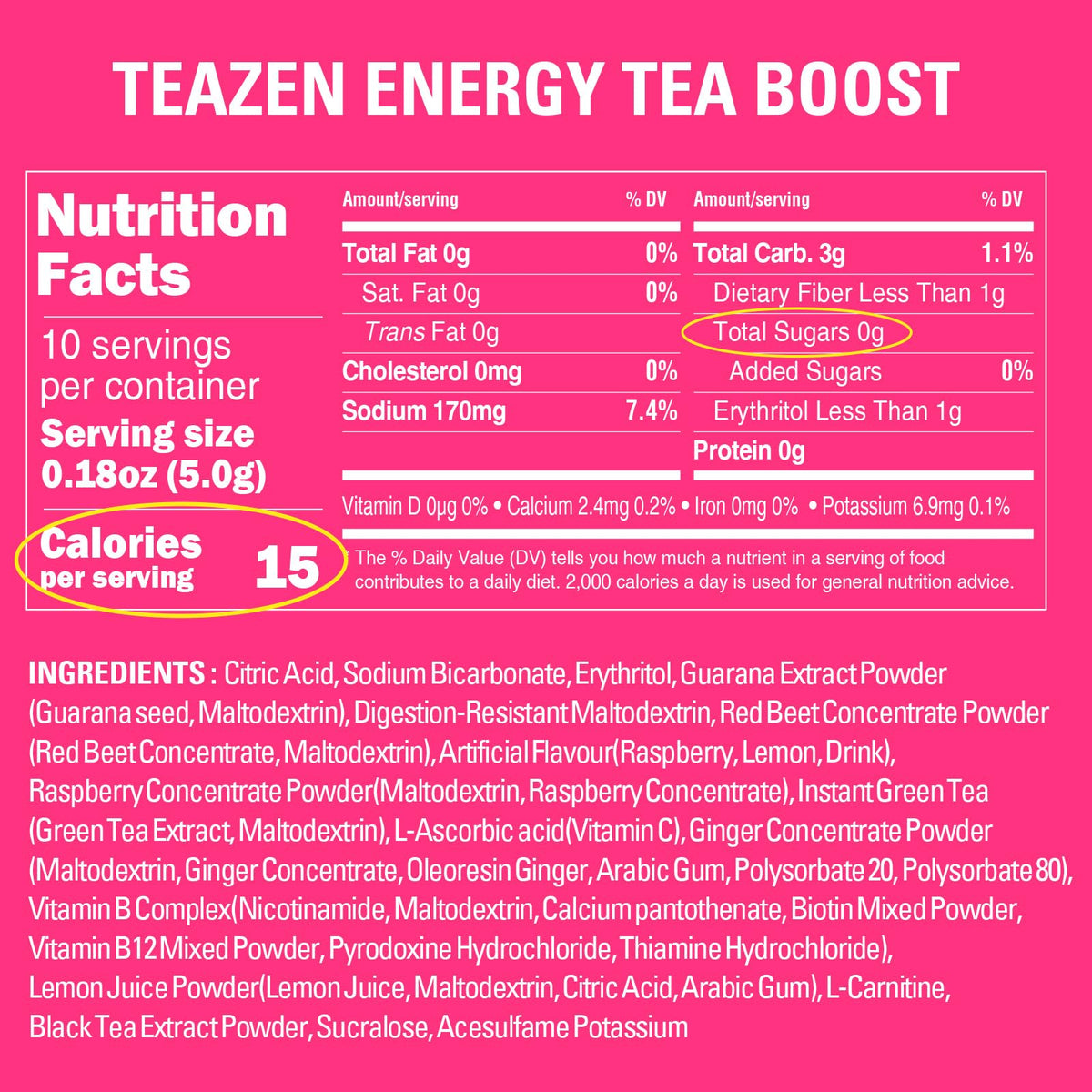 TEAZEN Energy Drink Powder Boost, 100mg Natural Caffeine with Black Tea Extract, B Vitamins, Vitamin C & L-Carnitine, Sugar-Free Energy Mix