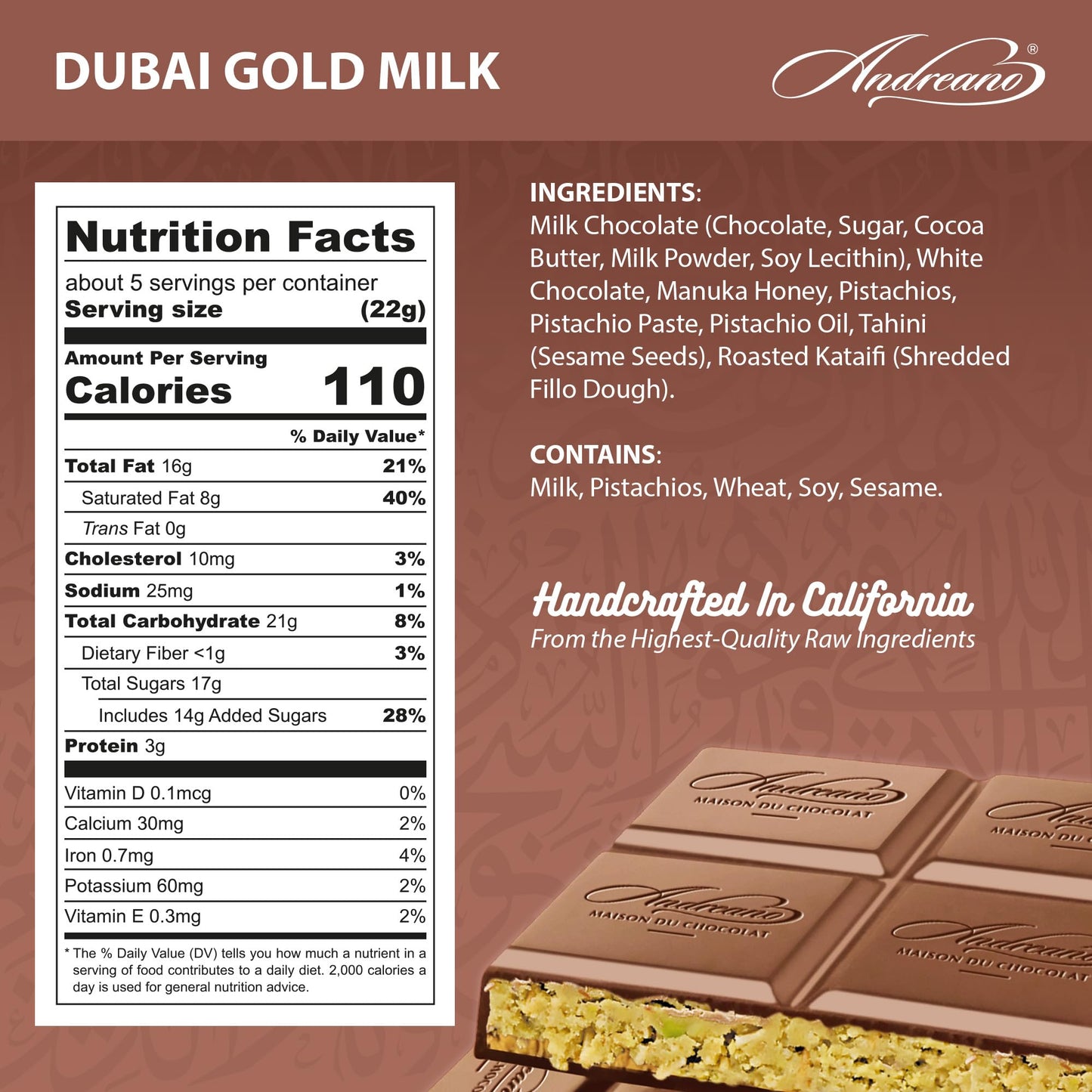 Andreano Dubai Gold Milk Chocolate Bar with Pistachio & Crispy Kataifi - Belgian Chocolate & Manuka Honey | Freshly Made in California - 110g
