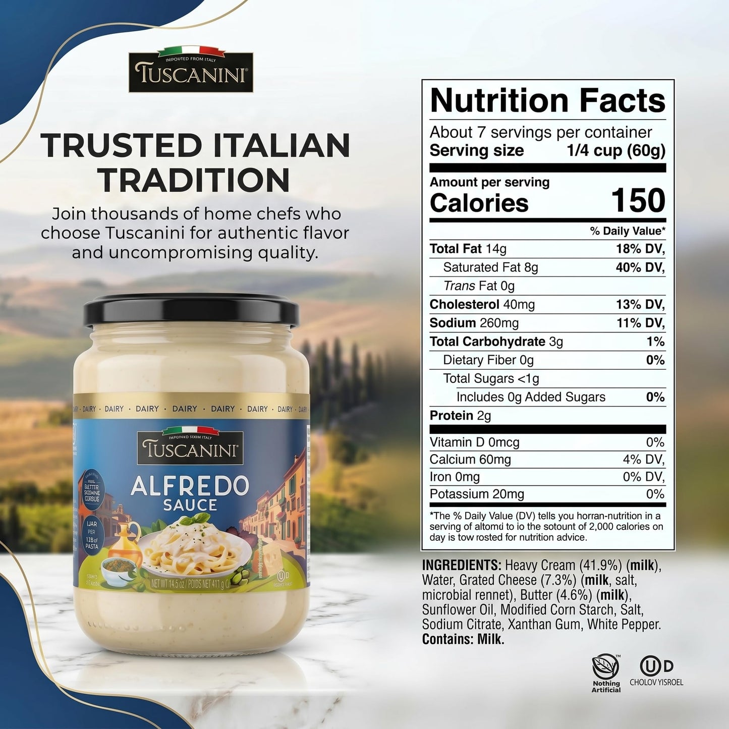 Tuscanini Alfredo Sauce, 14.1 oz | Imported from Italy | Made with Real Butter, Cream & Cheese | Rich Creamy White Pasta Sauce for Fettuccine