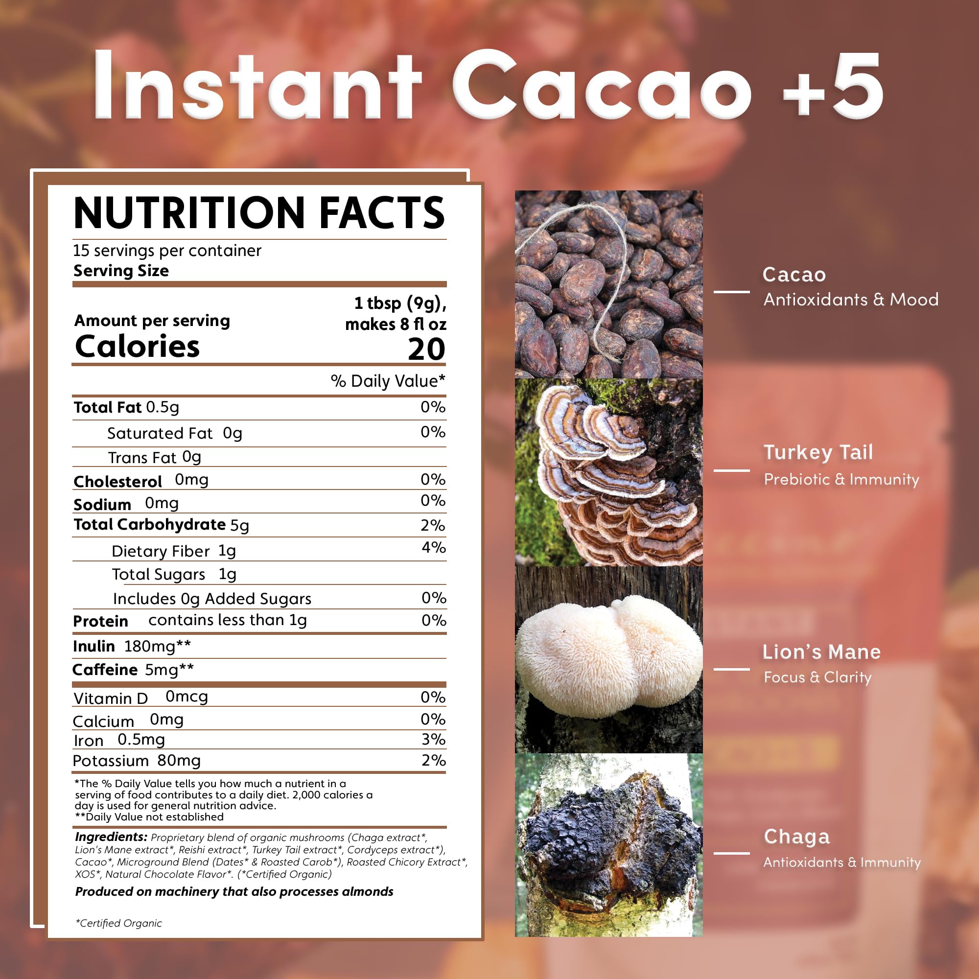 Miraculous Mushrooms Instant Cacao+5 Coffee Alternative by Teeccino - 15 servings - 5 Organic Adaptogenic Mushrooms with Cacao - Reishi, Lion’s Mane