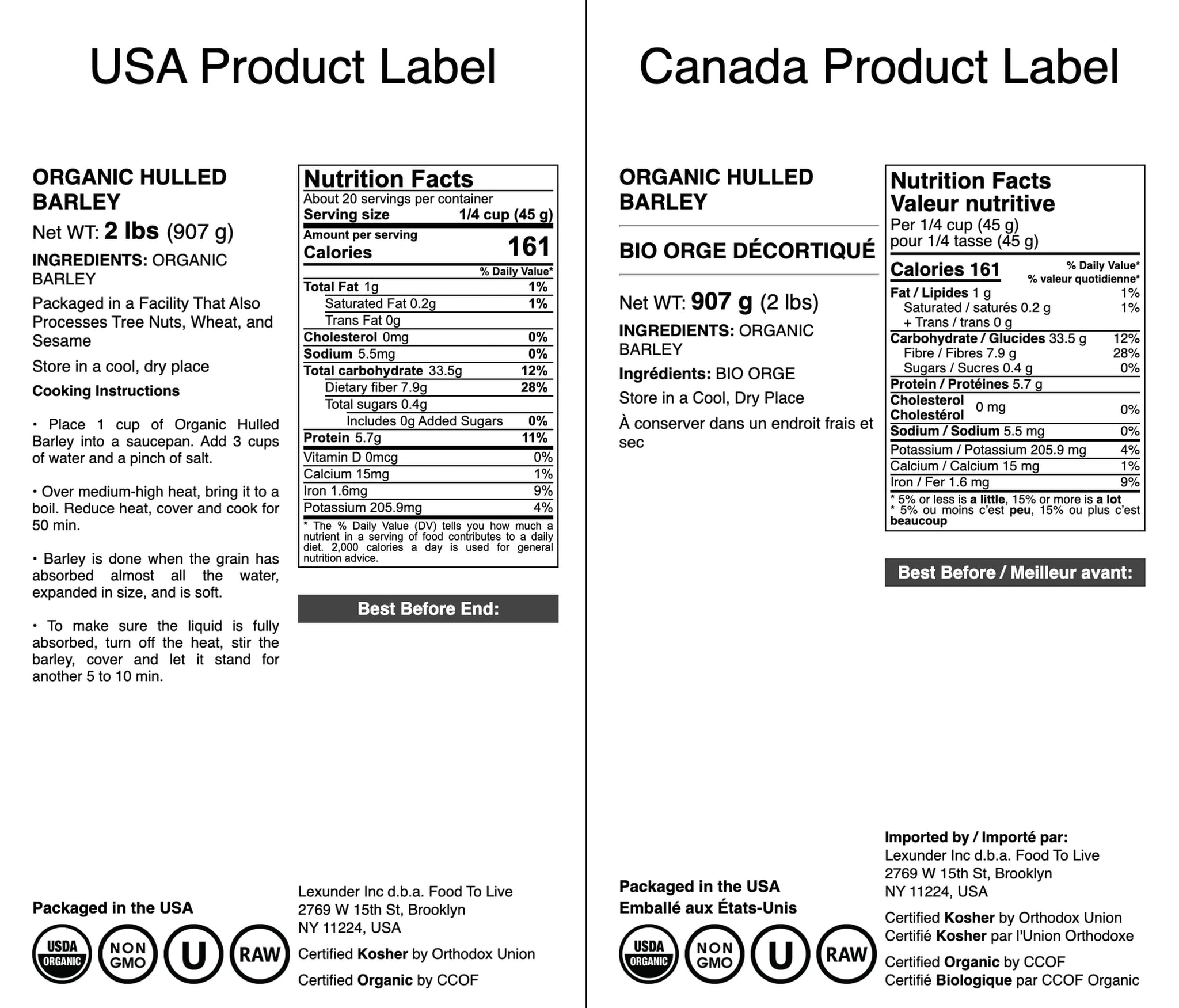 Food to Live Organic Hulled Barley, 2 Pounds - Non-GMO, 100% Whole Grain, Kosher, Vegan, Bulk. Suited for Home Brewing, Grinding. High in Fiber. Great for Chili, Hot Cereal, Salads, Soup.