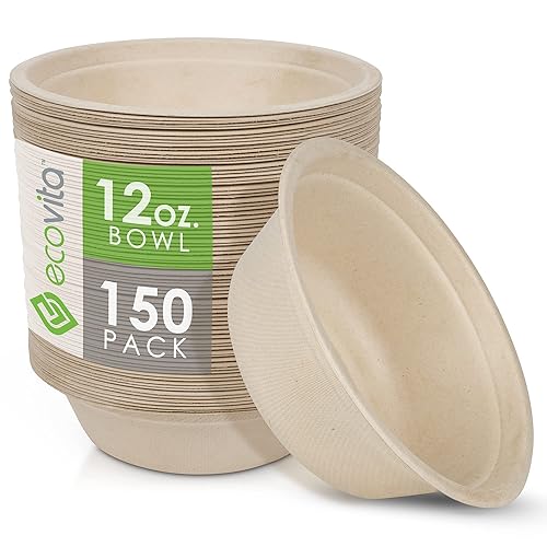 Ecovita 100% Compostable Paper Bowls [12 oz.] - 150 Disposable Bowls Eco Friendly Sturdy Tree Free Liquid and Heat Resistant Alternative to Plastic or
