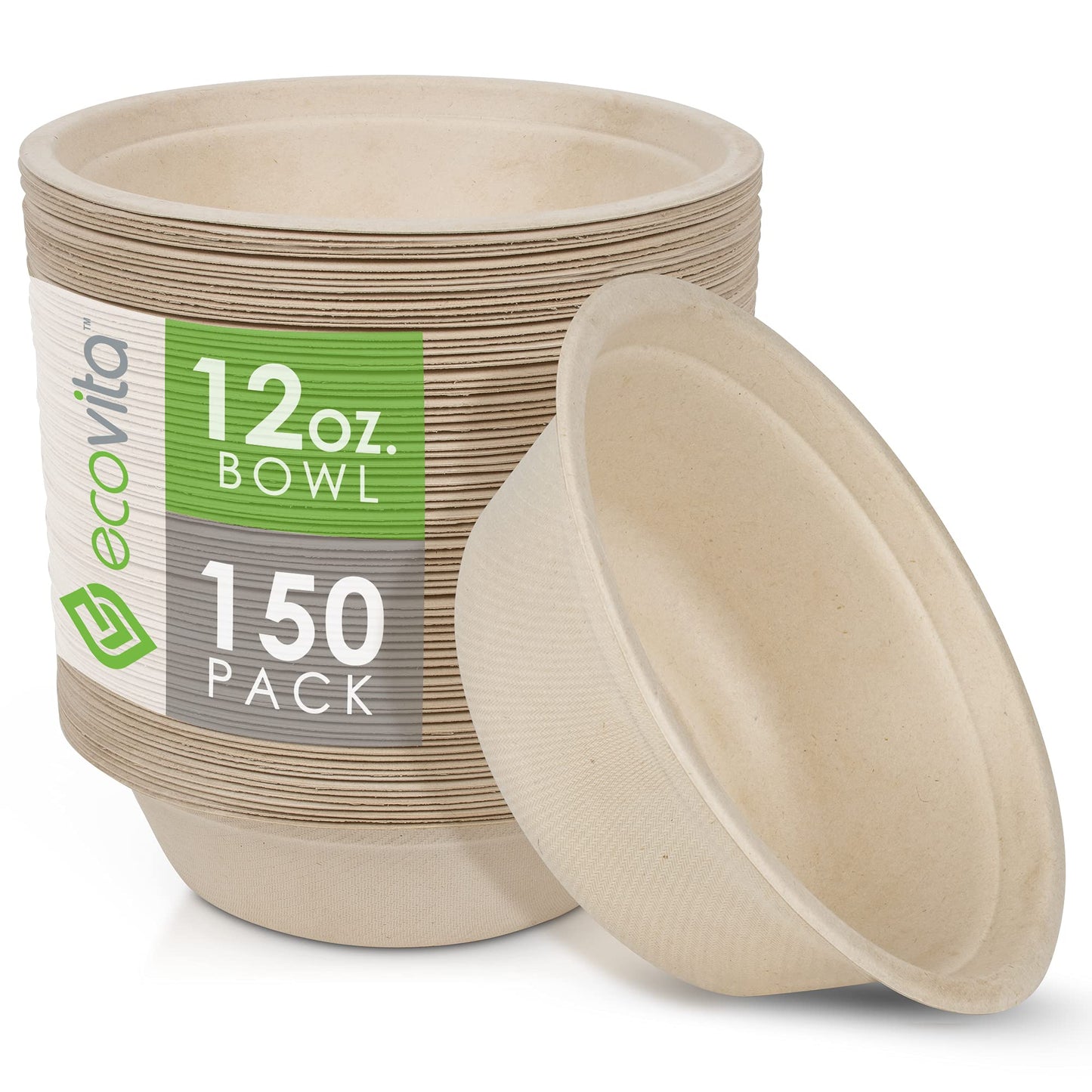 Ecovita 100% Compostable Paper Bowls [12 oz.] - 150 Disposable Bowls Eco Friendly Sturdy Tree Free Liquid and Heat Resistant Alternative to Plastic or
