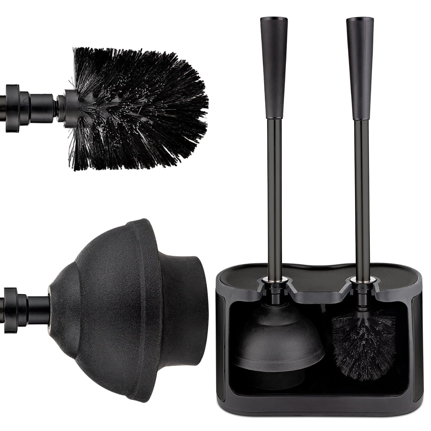 UMIEN Toilet Brush and Plunger Set 18-in - Updated 2025 No-Rust - Stainless Steel Design - Long Handles - with Freestanding Canister (Matte Black)