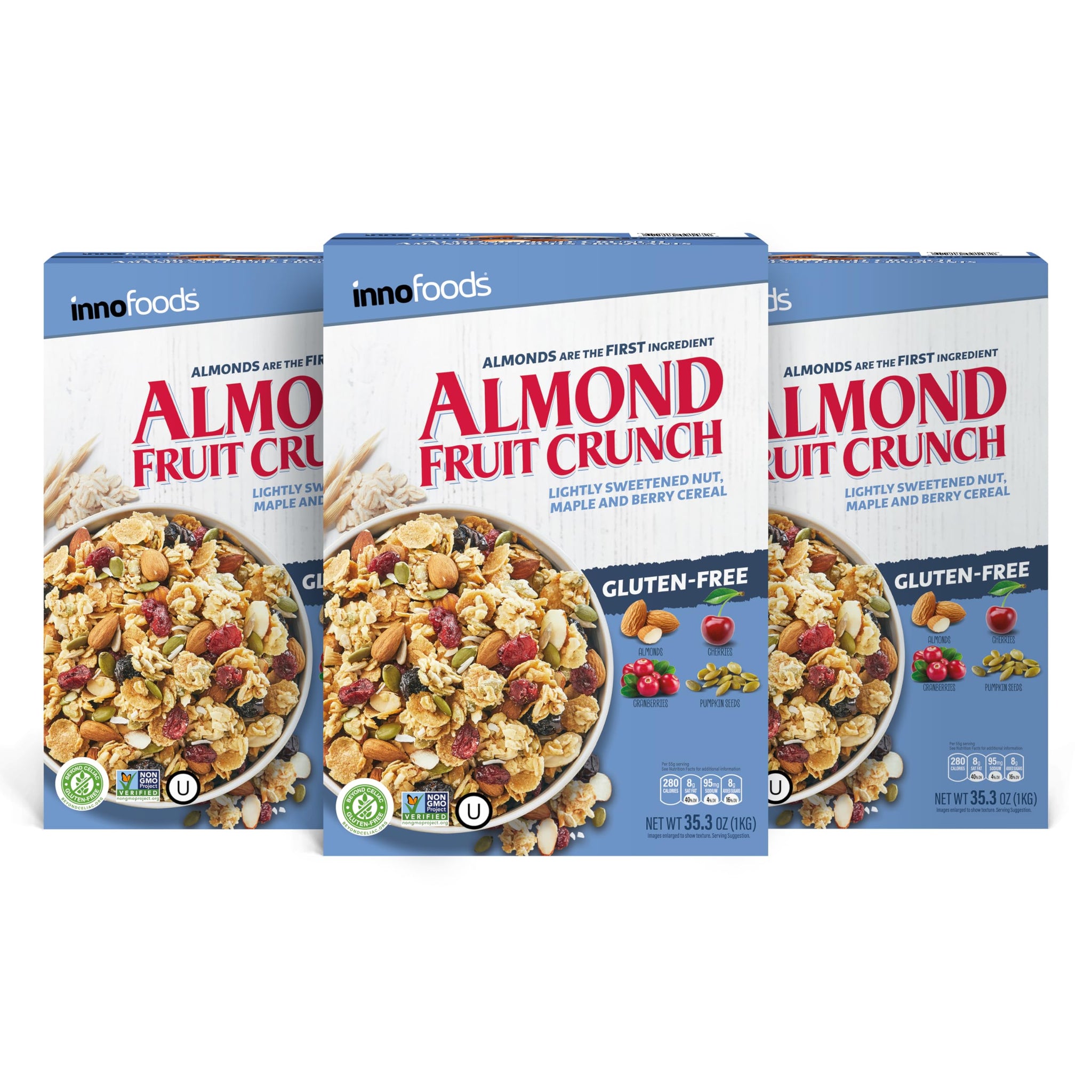 Inno Foods Almond Fruit Crunch Cereal, Maple-Sweetened, Gluten Free, Non-GMO, 3 Pack, 35.3 oz Each