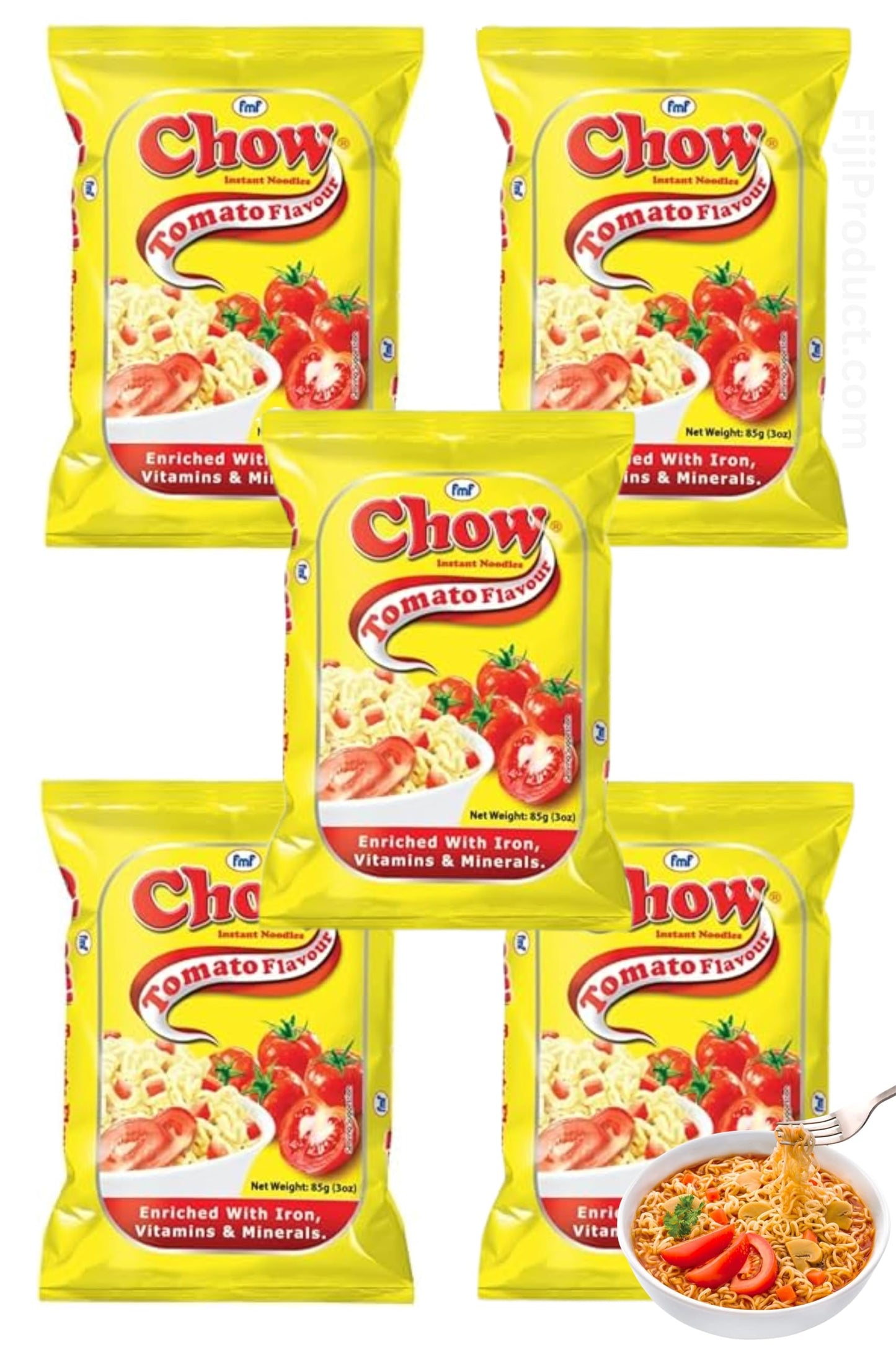 Chow Instant 2 Minutes Noodles - TOMATO Flavor with Seasonings (Pack of 5 Packs x 85g) So Delicious Meal ... HALAL