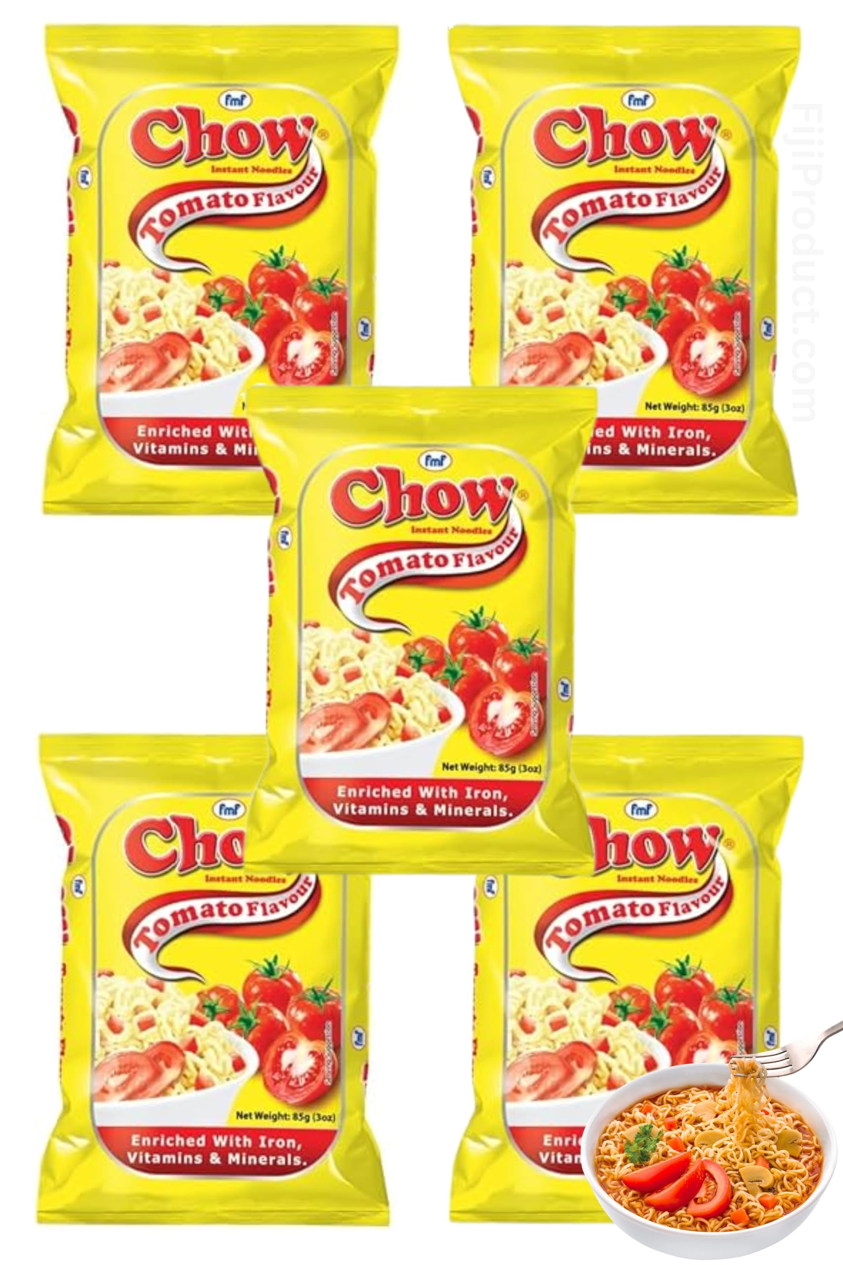 Chow Instant 2 Minutes Noodles - TOMATO Flavor with Seasonings (Pack of 5 Packs x 85g) So Delicious Meal ... HALAL