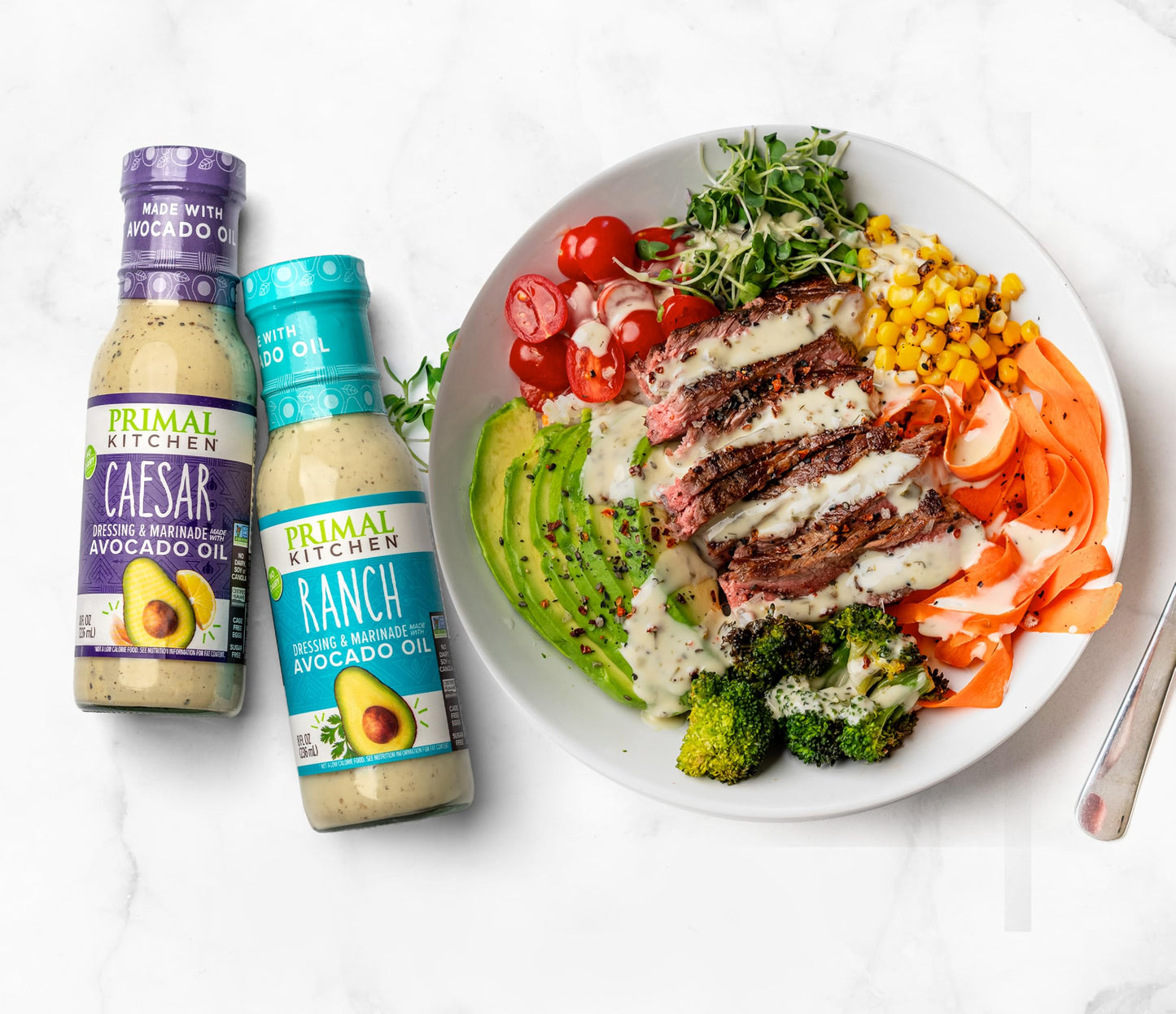 Primal Kitchen Ranch Dressing & Marinade and Caesar Dressing & Marinade, Made with Avocado Oil and Cage-Free Eggs, 8 Fluid Ounces, Variety Pack of 2