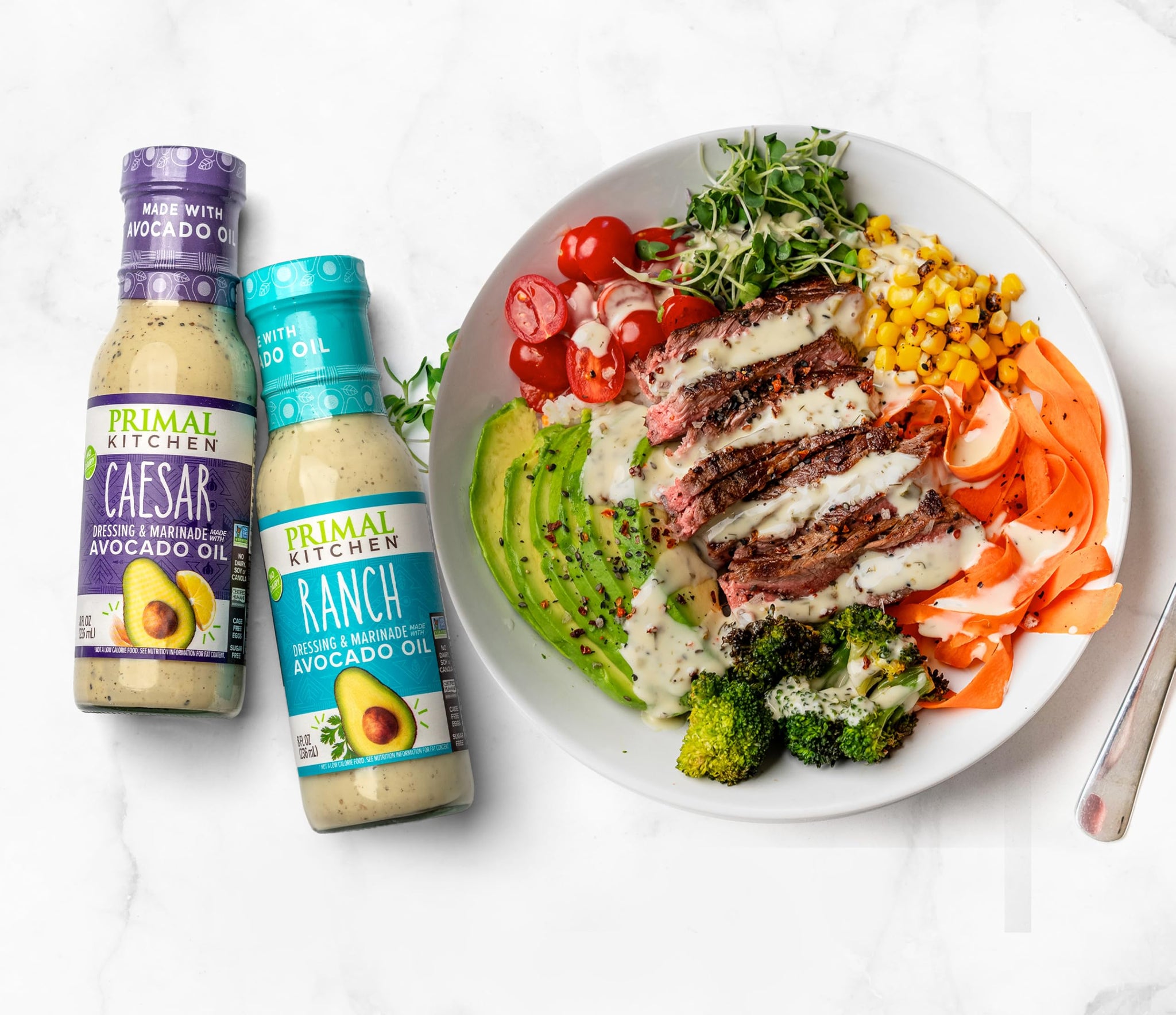 Primal Kitchen Ranch Dressing & Marinade and Caesar Dressing & Marinade, Made with Avocado Oil and Cage-Free Eggs, 8 Fluid Ounces, Variety Pack of 2