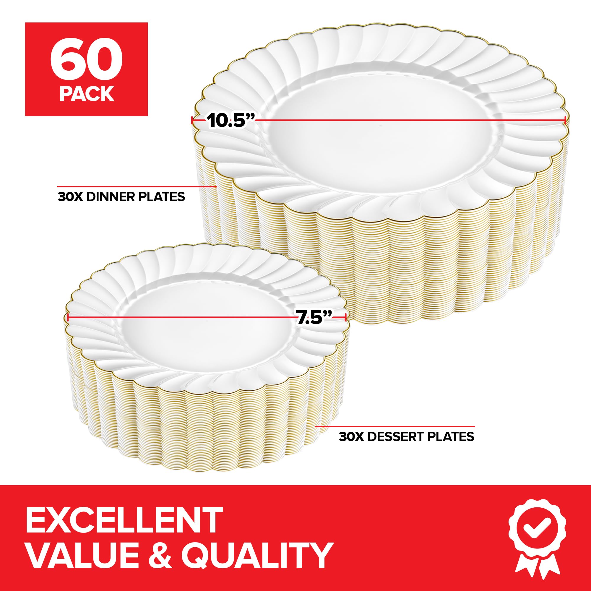 Stock Your Home 60 Pack - Elegant Ivory & Gold Scalloped Plastic Plates - Heavy-Duty Disposable Cream Plates with Gold Rim for Thanksgiving, Holidays