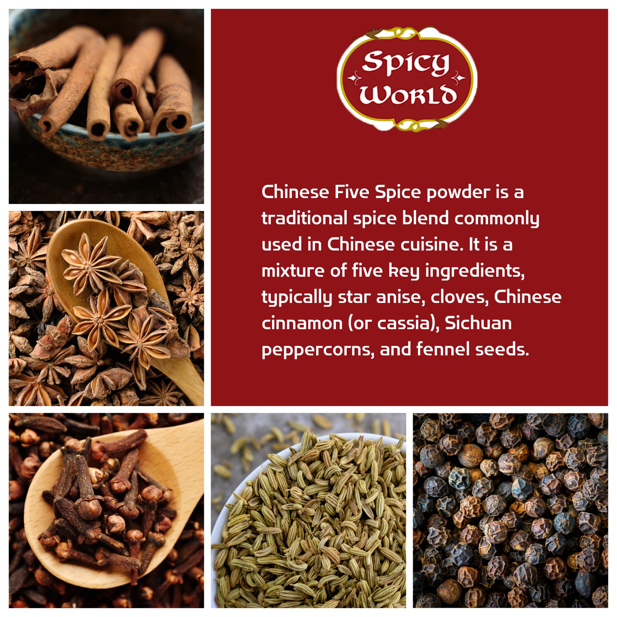 Spicy World Chinese Five Spice Powder 1.25 Pound (20oz) Bag - Great for Asian meals, Chinese 5 Spice Seasoning, Cinnamon, Fennel Seed, Cloves, Star