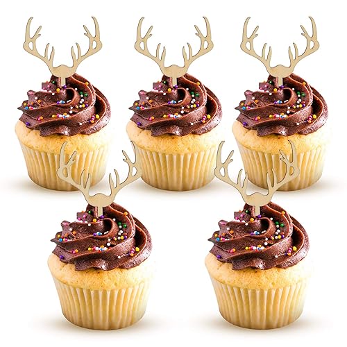 AUMIO Deer Cupcake Toppers Wooden Baby Shower Woodland Antler Cake Picks Party Decorations Wedding Hunting Boho Rustic Country Birthday Party Supplies