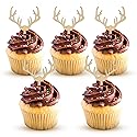 AUMIO Deer Cupcake Toppers Wooden Baby Shower Woodland Antler Cake Picks Party Decorations Wedding Hunting Boho Rustic Country Birthday Party Supplies