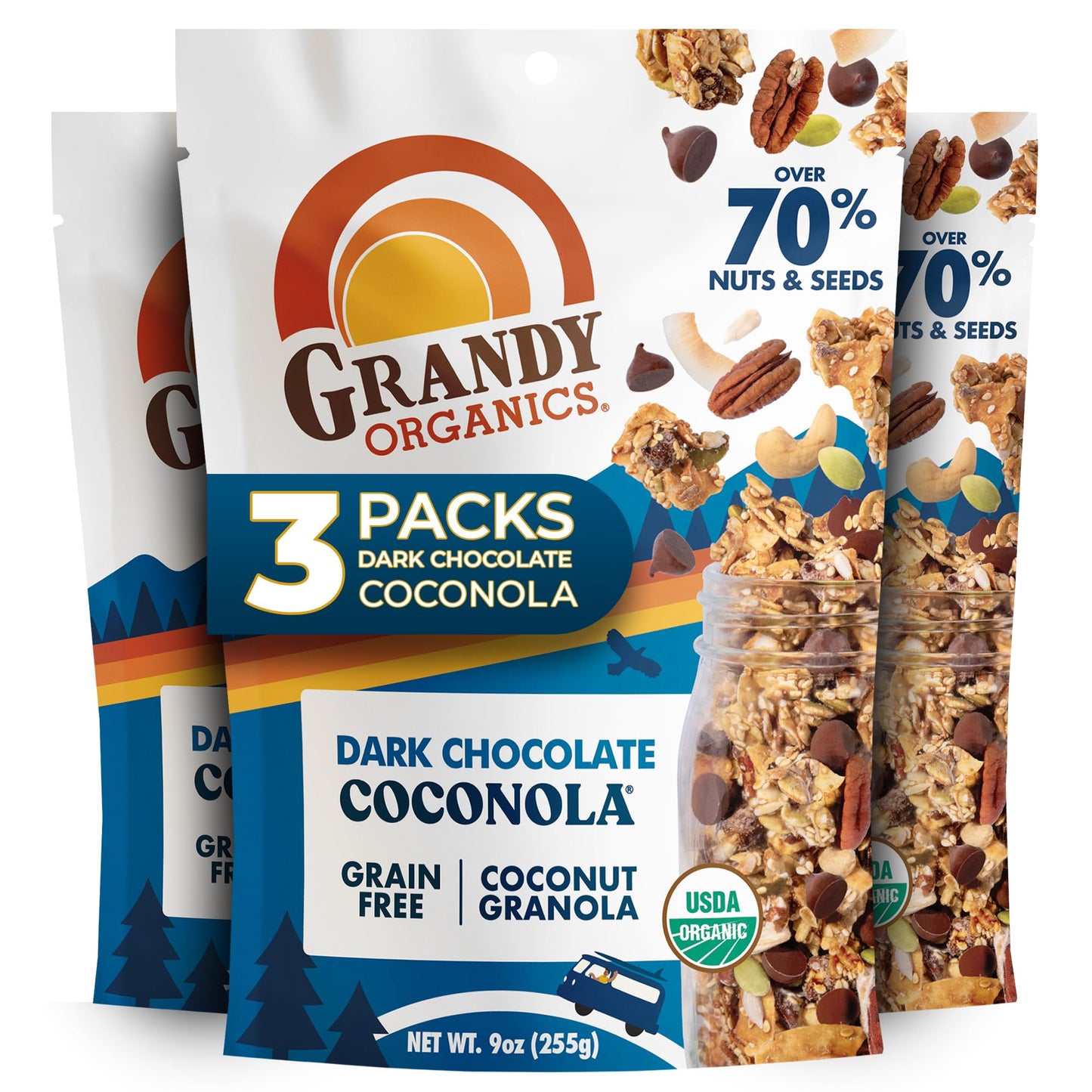 Grandy Organics Dark Chocolate Coconola - Certified Organic Grain Free Granola - 7g Protein - Gluten Free, Non GMO, Vegan & Paleo Friendly