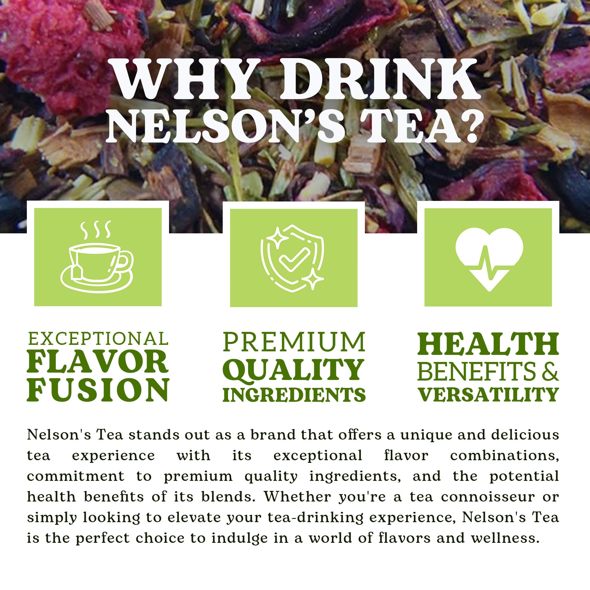 Nelson's Tea Raspberry Hibiscus Tea - Caffeine Free, Cut & Sifted Green Rooibos, Honeybush, Dried Raspberries, Acai, and Pomegranate Loose Leaf (2 oz)