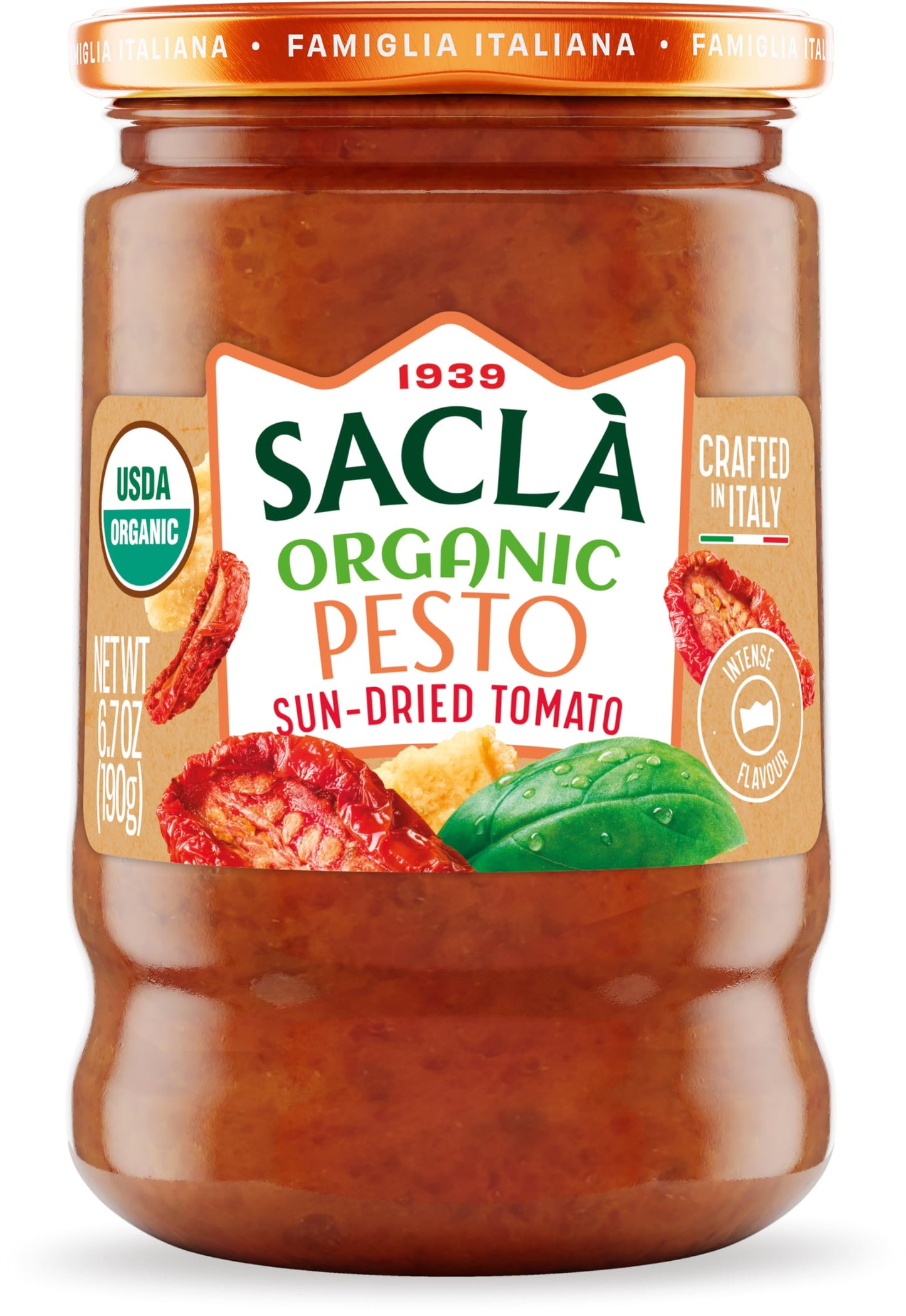 SACLA USDA Organic Sundried Tomato Pesto | Authentic Imported Italian Sun-Dried Tomatoes and Cheese Sauce | 6.7 oz Glass Jar | Non-GMO | Made in Italy