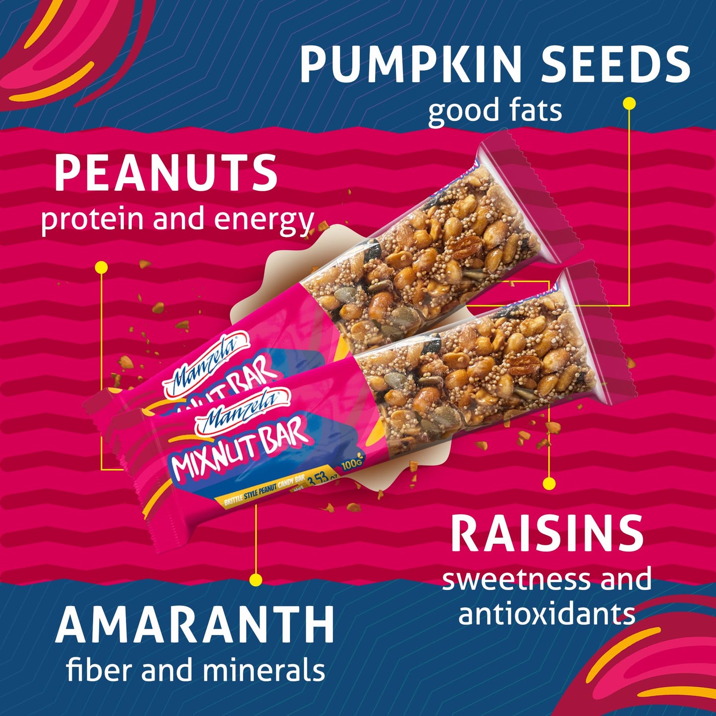 Manzela Sweet & Crunchy Mexican Snack Bars | Natural Energy from Peanuts, Raisins & Pumpkin Seeds, No Preservatives, Great for Travel, Office & Lunch