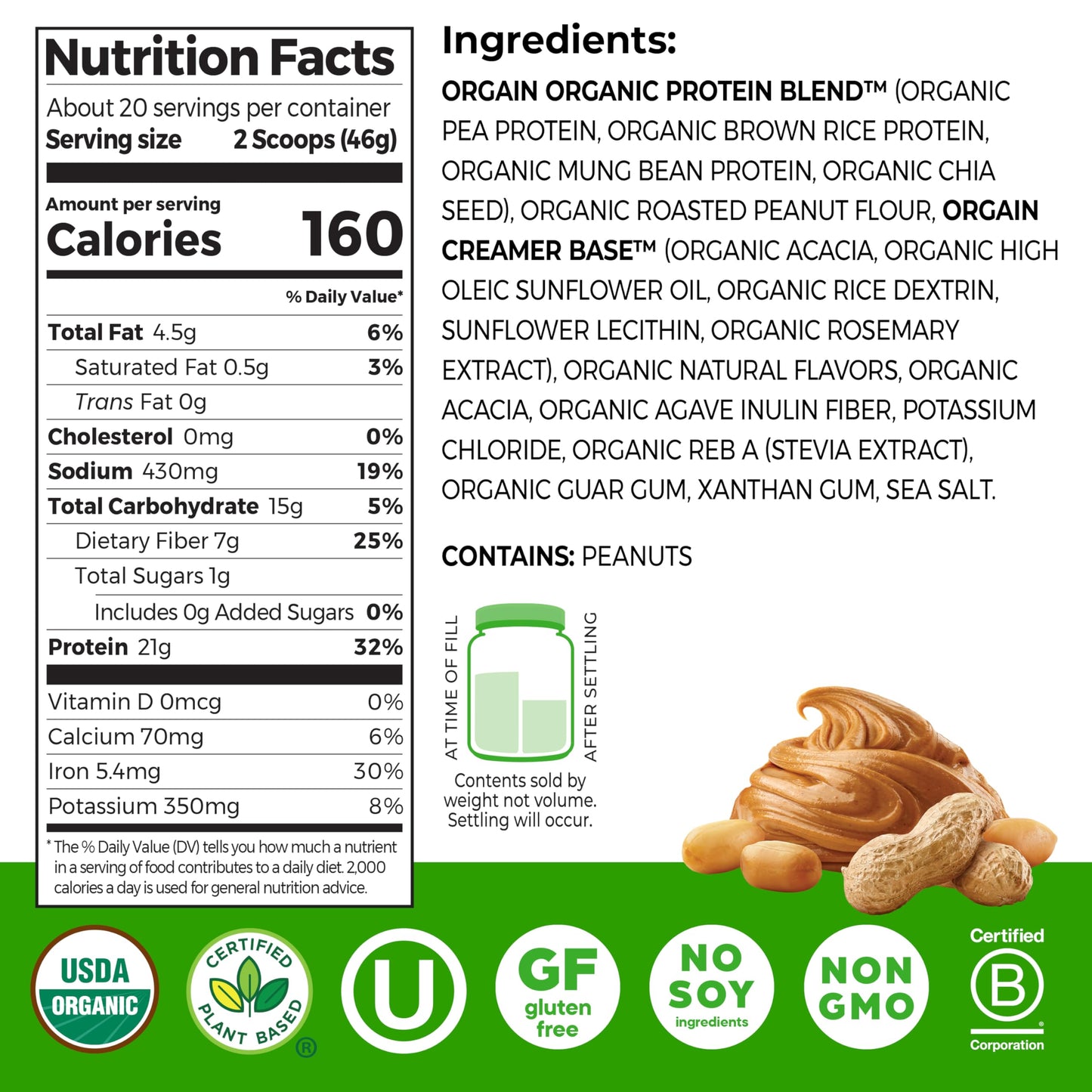 Orgain Organic Vegan Protein Powder, Peanut Butter - 21g Plant Protein, 7g Prebiotic Fiber, Low Net Carb, No Dairy Ingredients, No Added Sugar