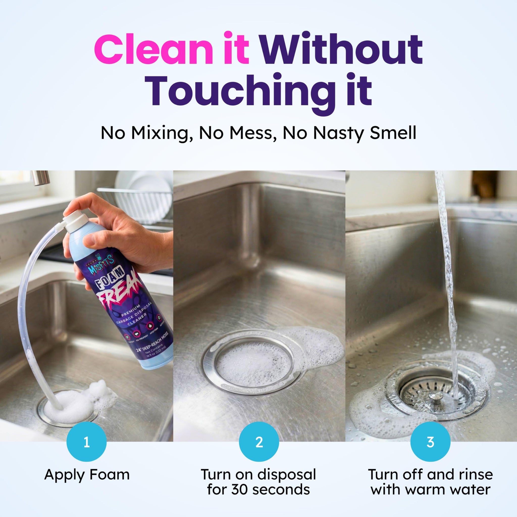 Micro Misfits Foaming Garbage Disposal Cleaner & Deodorizer | Probiotic Enzymatic Formula | Lemon Scent | 24-Inch Hose | 1-Year Supply | Foam Drain