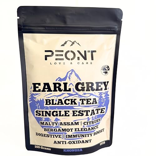Peont Assam Earl Grey Single Estate Black Tea, 100g, Citrusy Malty with Italian Bergamot Oil with Digestive, Immune-boosting & Mood-lifting.
