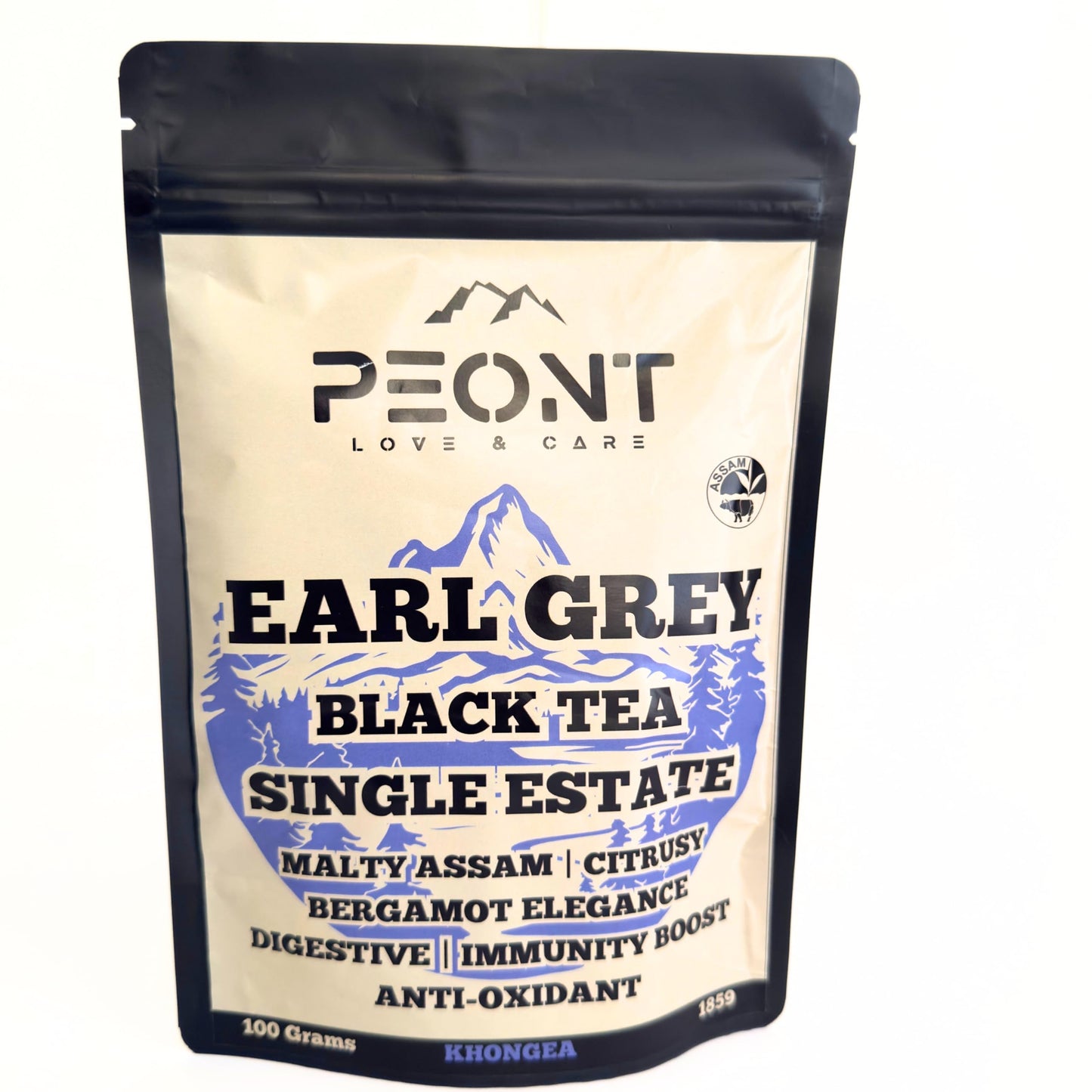 Peont Assam Earl Grey Single Estate Black Tea, 100g, Citrusy Malty with Italian Bergamot Oil with Digestive, Immune-boosting & Mood-lifting.