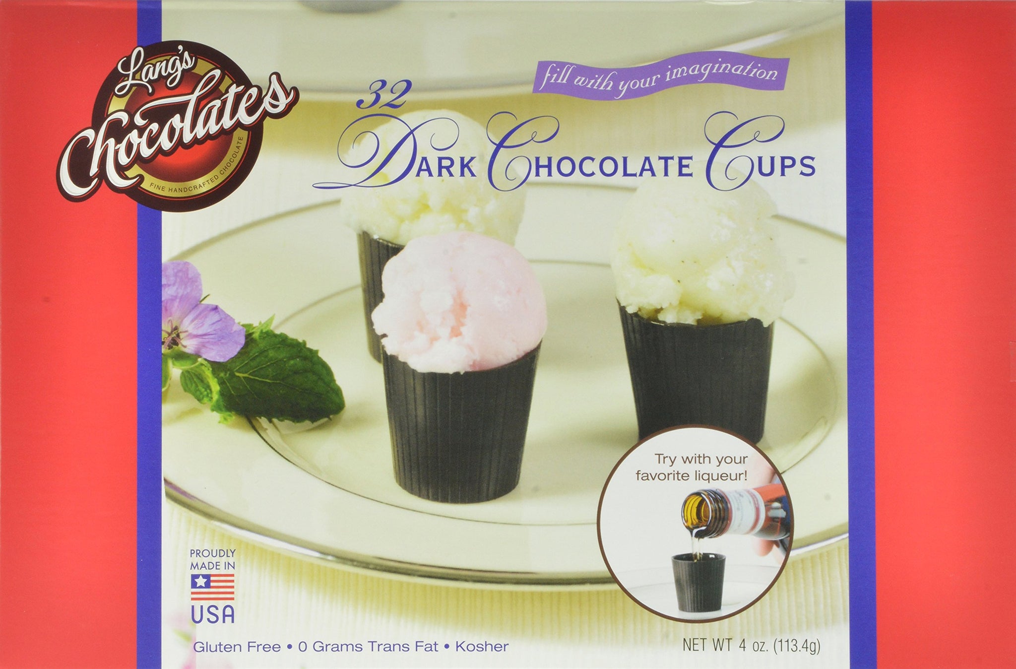 Lang’s Chocolates Dark Chocolate Liquor Cups - 32 Count Box | Edible Belgian-Style Dessert Cups for Wine, Cordials, Liqueur, Mousse & More | Gluten
